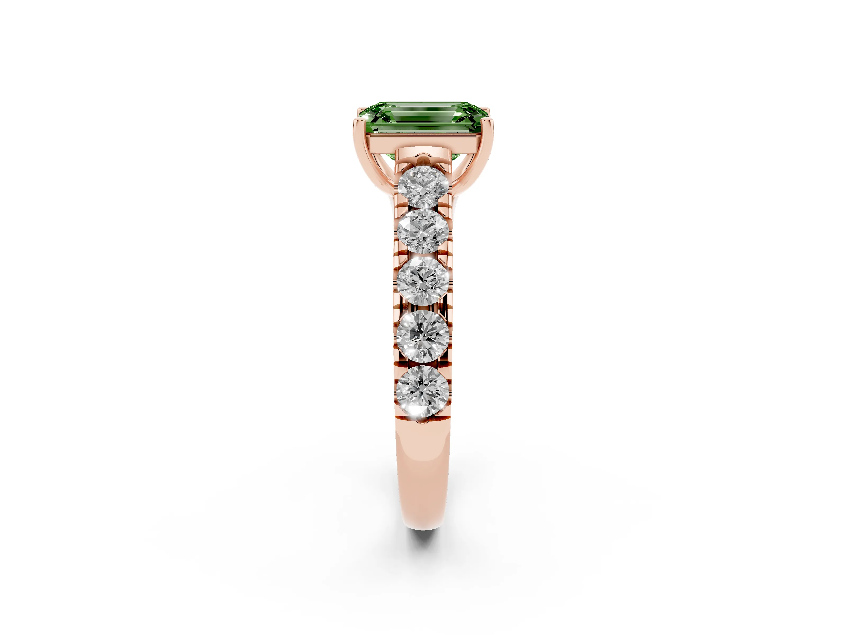 Fancy Green Emerald Cut Diamond Solitaire Ring Set in Rose gold with Cut-Down Micro Pavé Band and Prong Setting