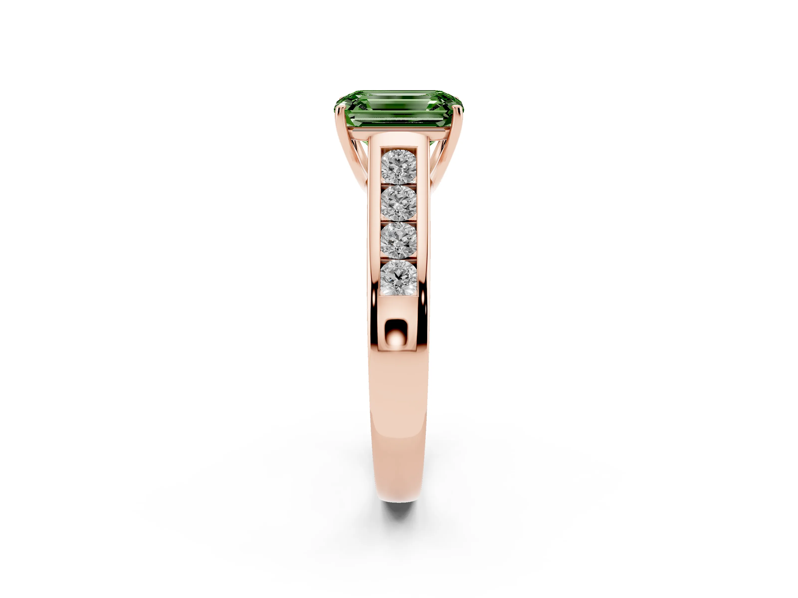 Fancy Green Emerald Cut Diamond Brilliant Channel-Set Solitaire Ring Set in Rose gold with Prong Setting