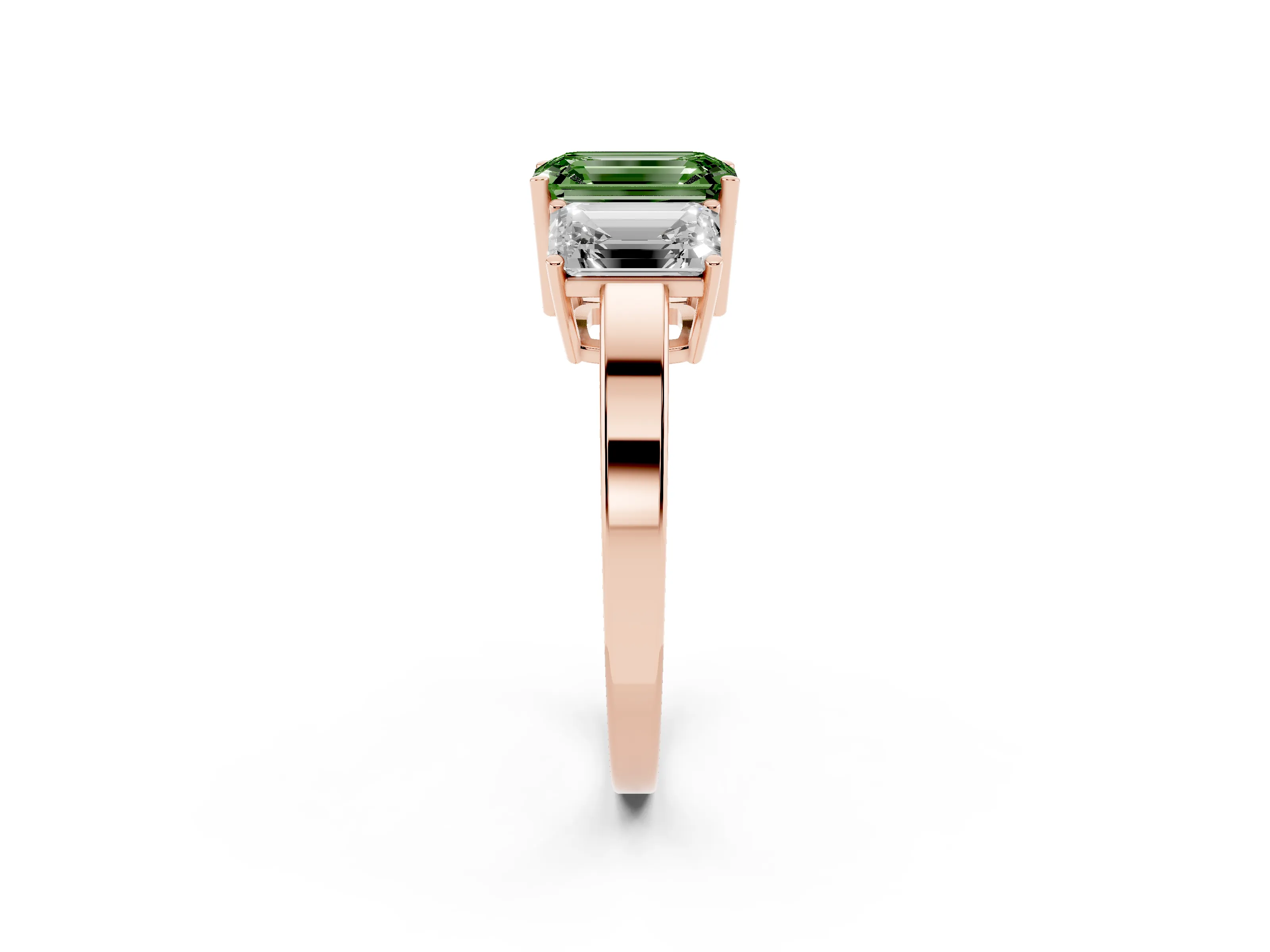 Fancy Green Emerald Cut Diamond Three-Stone Engagement Ring Set in Rose gold with Flat Band