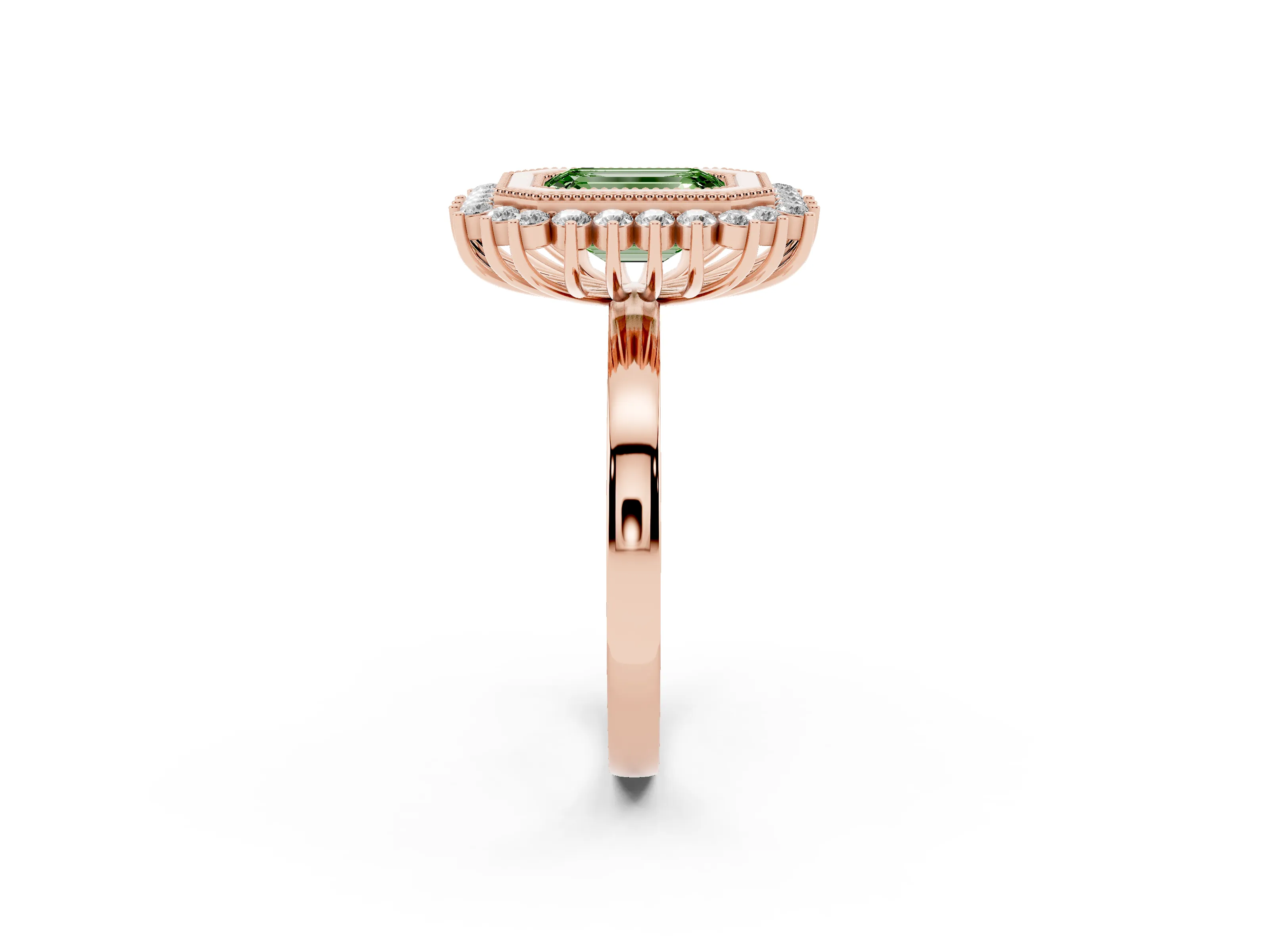 Fancy Green Emerald Cut Diamond Halo Ring Set in Rose gold with Milgrain Edge and Round Prong Setting