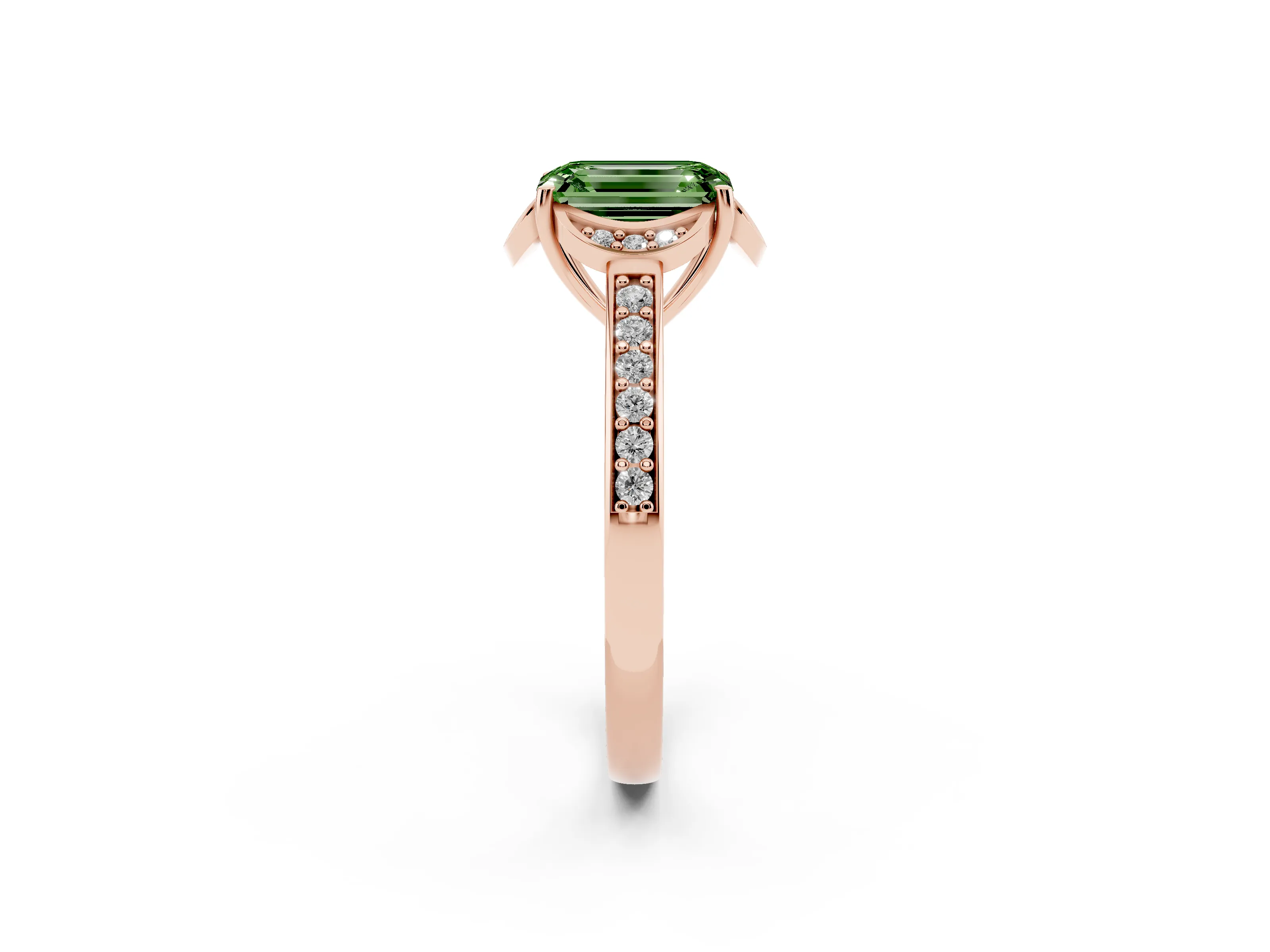 Fancy Green Emerald Cut Diamond Halo Ring Set in Rose gold with Channel Set Band and Prong Setting