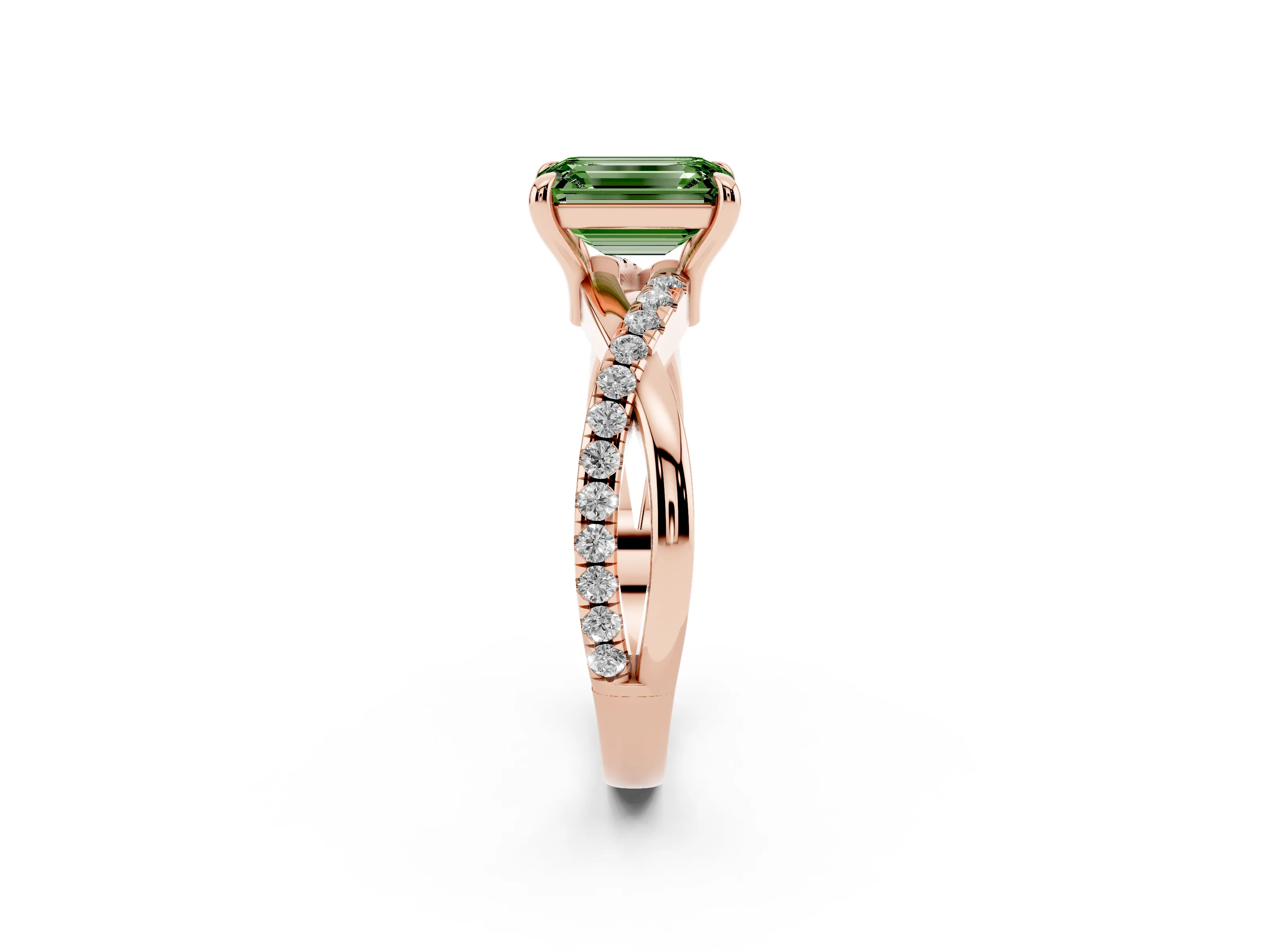 Fancy Green Emerald Cut Diamond Twist Band Solitaire Set in Rose gold with Pavé Accents and Prong Setting