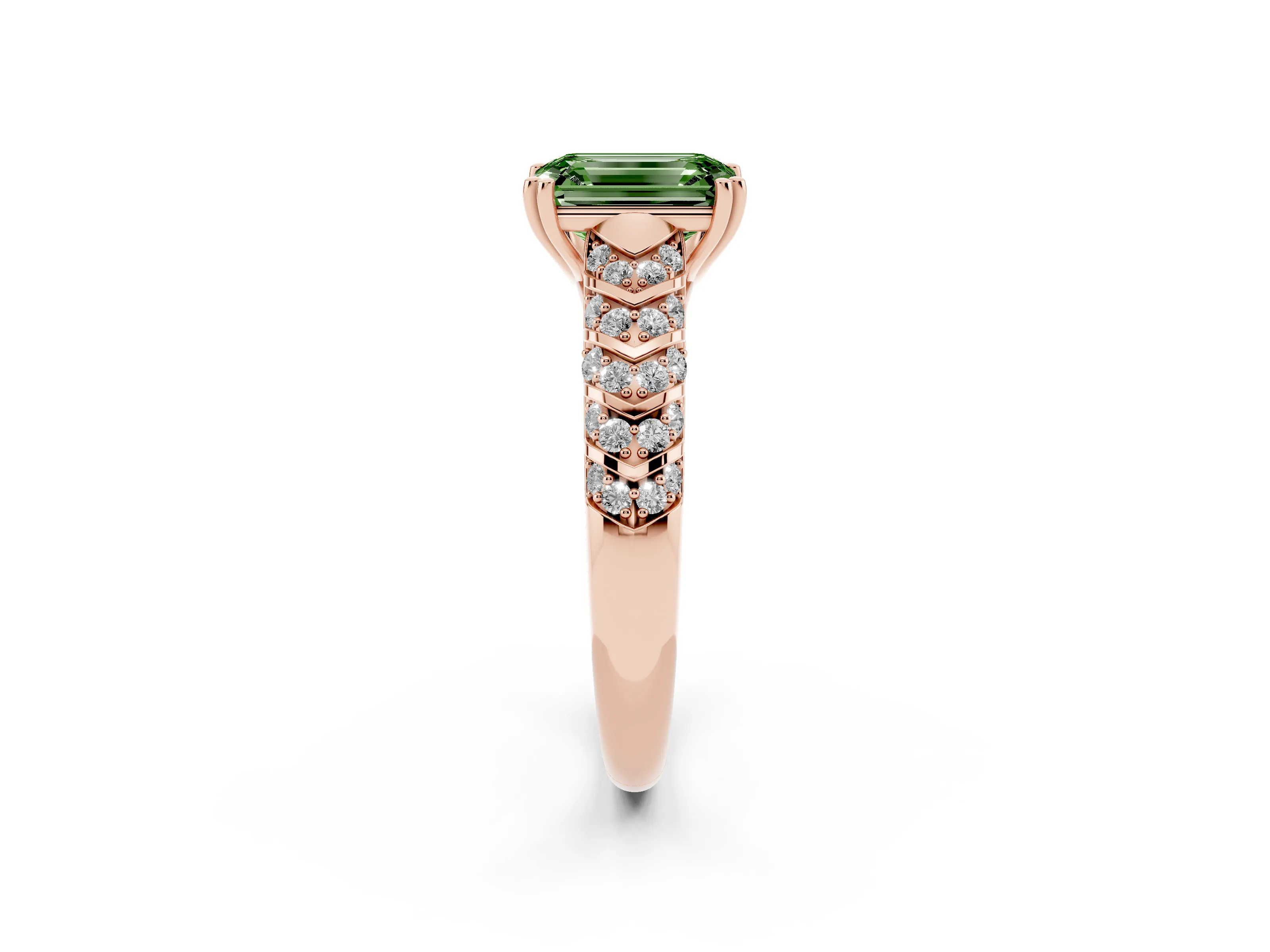 Fancy Green Emerald Cut Diamond Solitaire Chevron Pavé Engagement Ring Set in Rose gold with Prong Setting