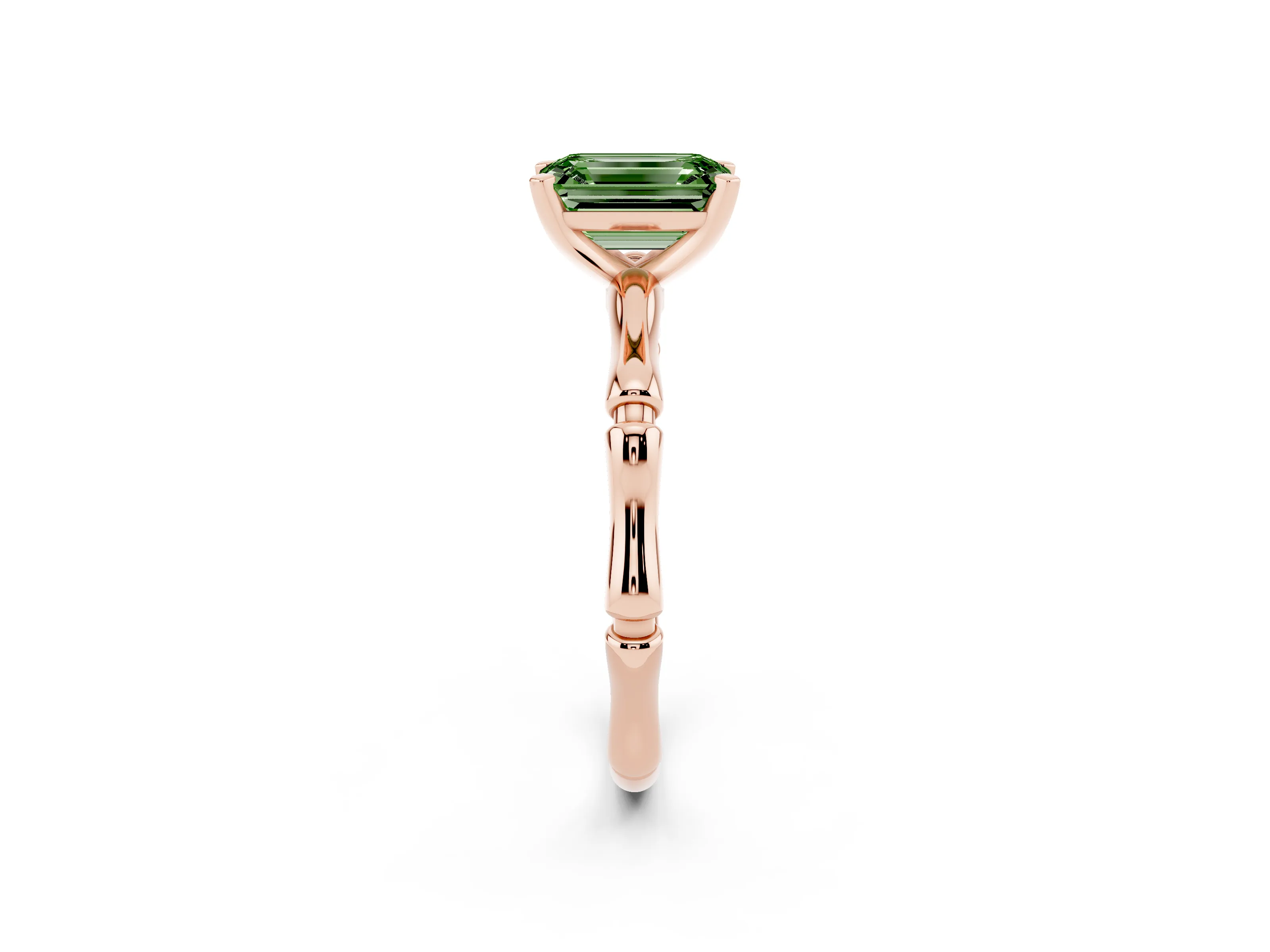 Fancy Green Emerald Cut Diamond Solitaire Ring Set in Rose gold with Bamboo Band and Prong Setting