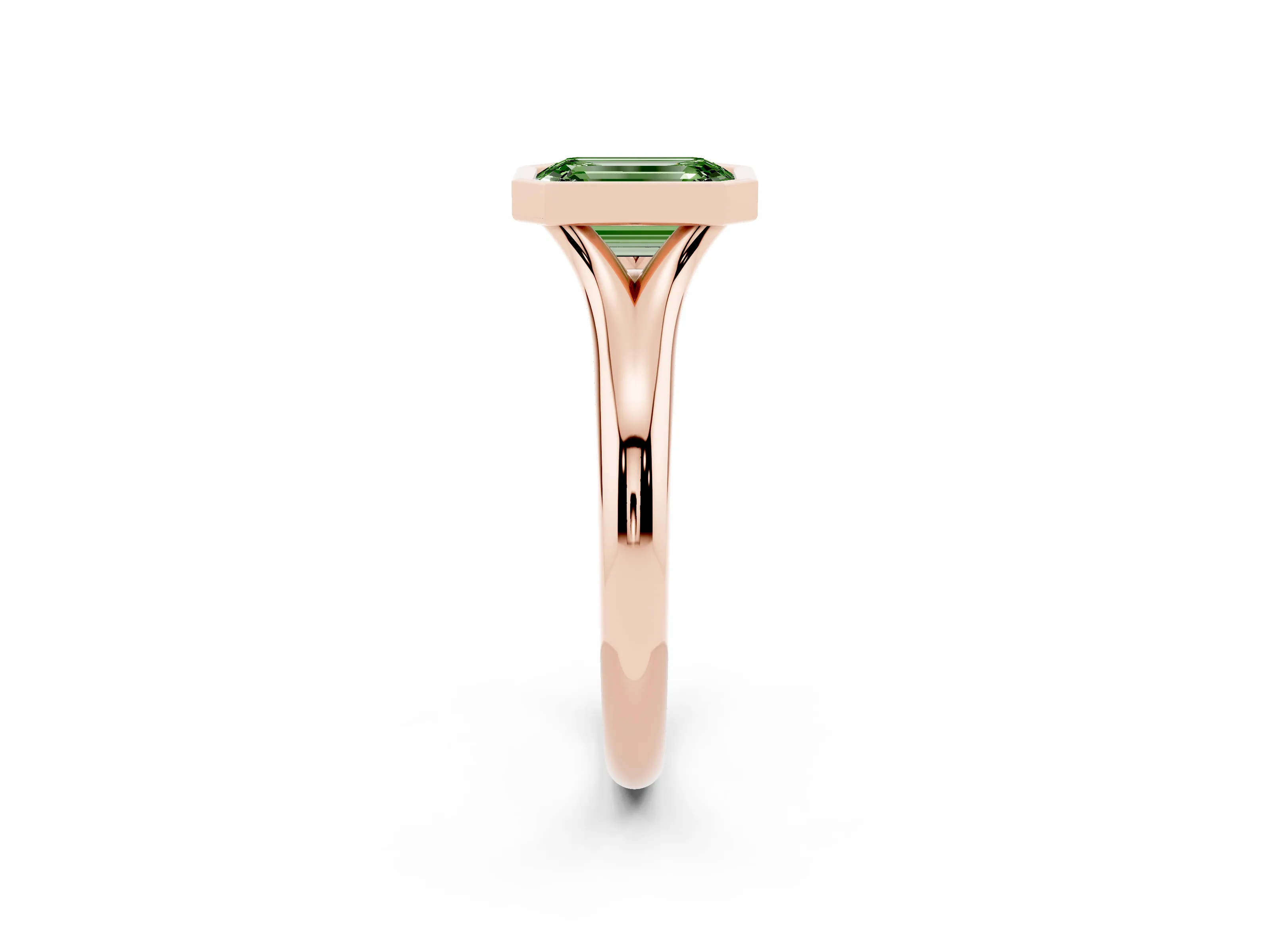 Fancy Green Bezel Set Emerald Cut Diamond Solitaire Ring Set in Rose gold with Smooth Band