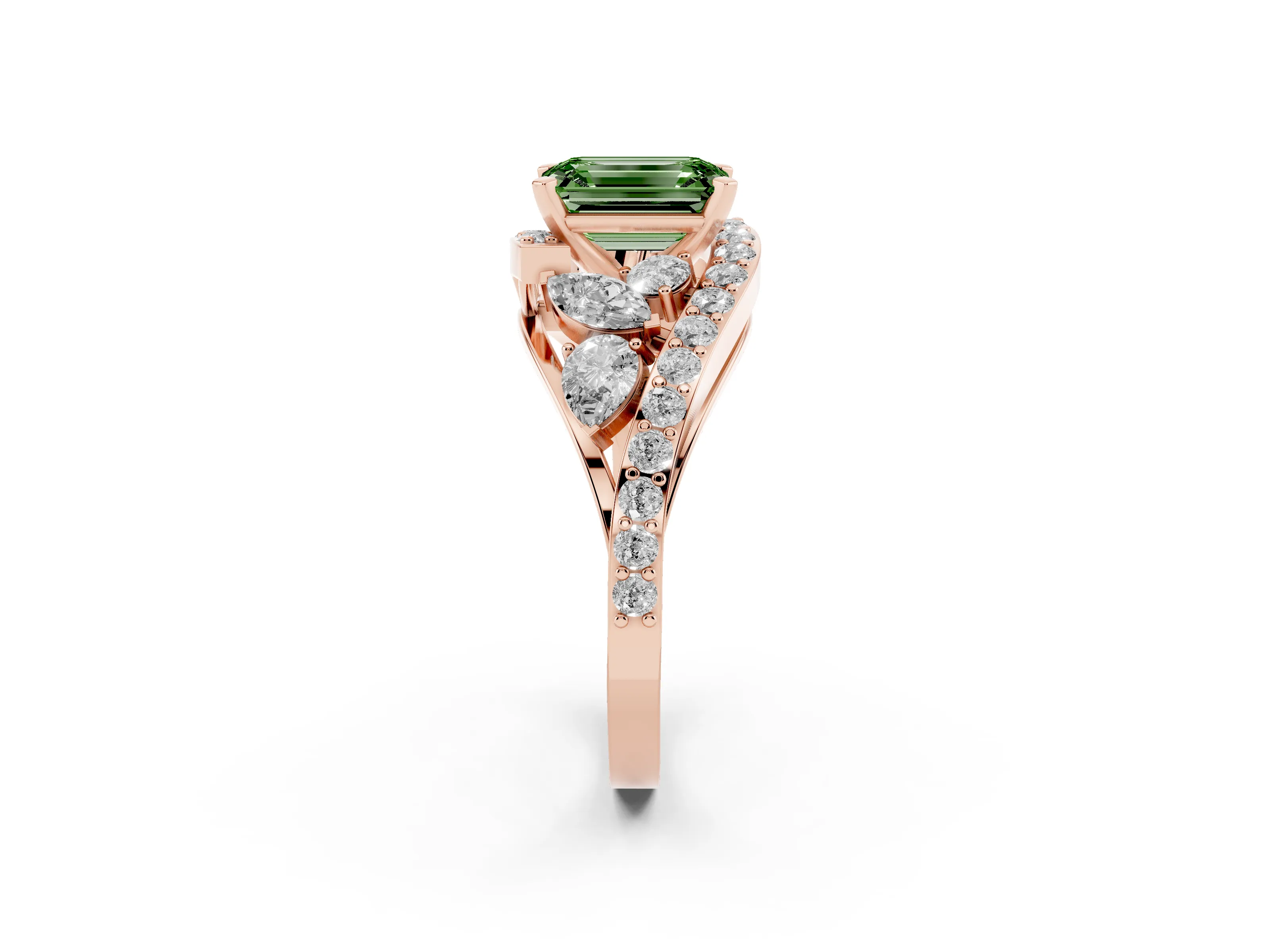 Fancy Green Emerald Cut Diamond Halo Ring Set in Rose gold with Marquise and Pavé Band in Prong Setting