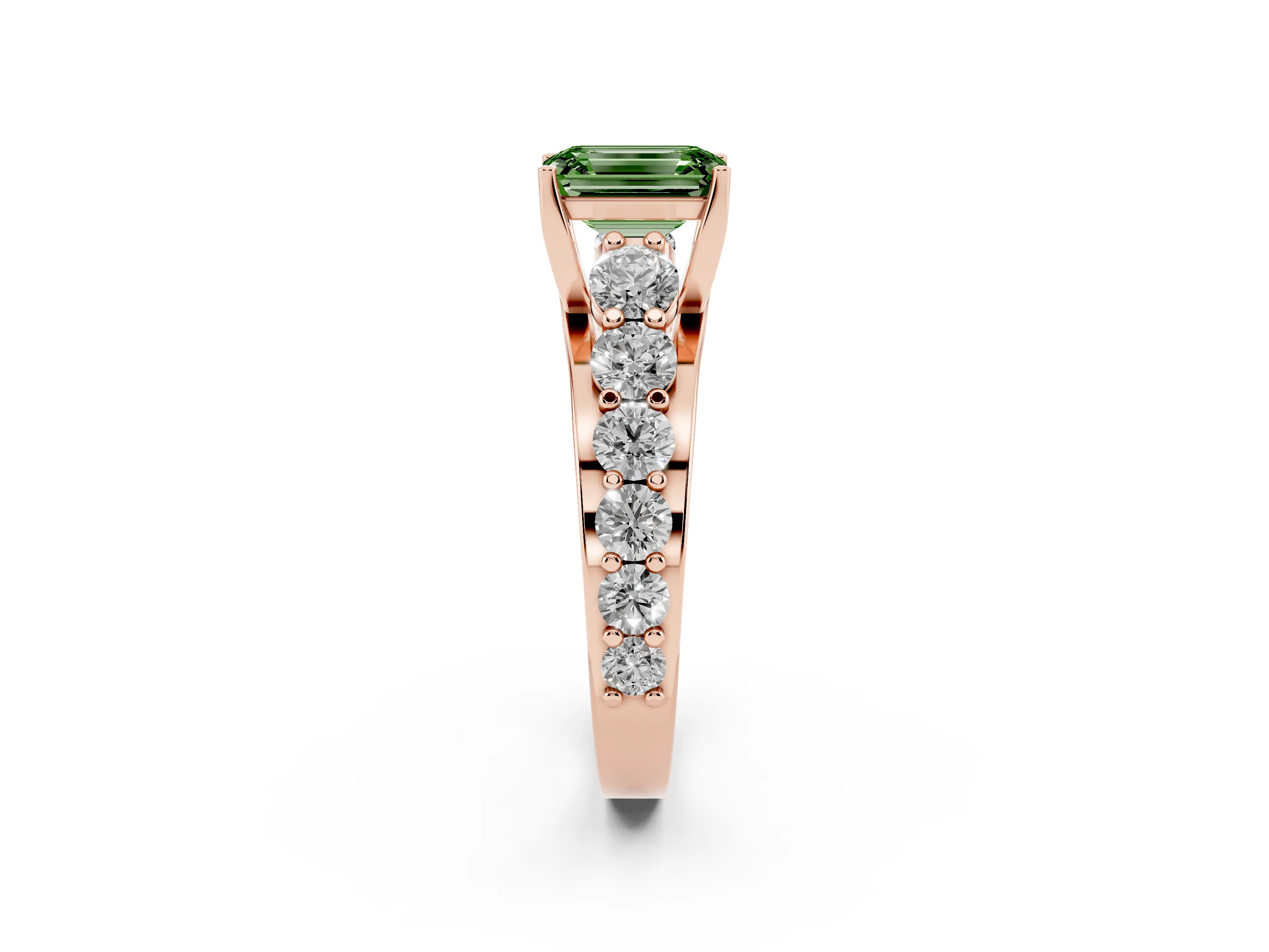 Fancy Green Emerald Cut Diamond Pavé Engagement Ring Set in Rose gold with Prong Setting