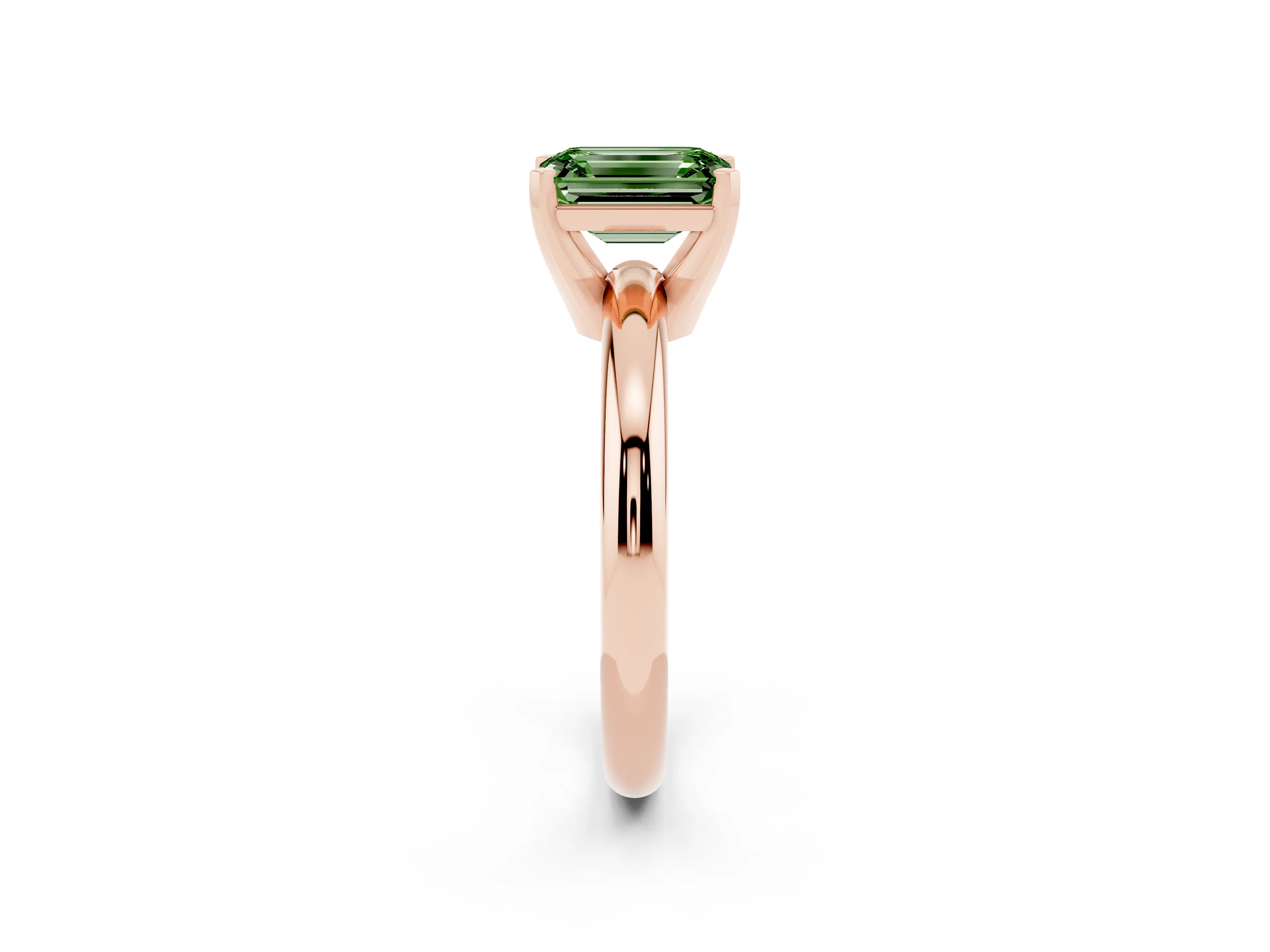 Fancy Green Emerald Cut Diamond Solitaire Engagement Ring Set in Rose gold with Round Band and Prong Setting