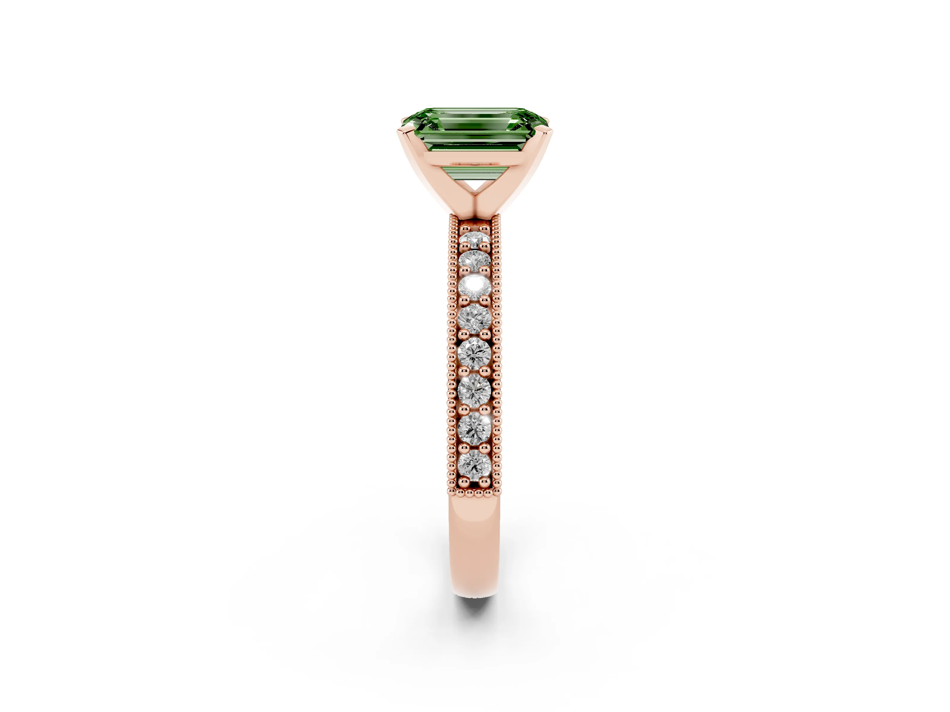 Fancy Green Emerald Cut Diamond Milgrain Pavé Engagement Ring Set in Rose gold with Prong Setting