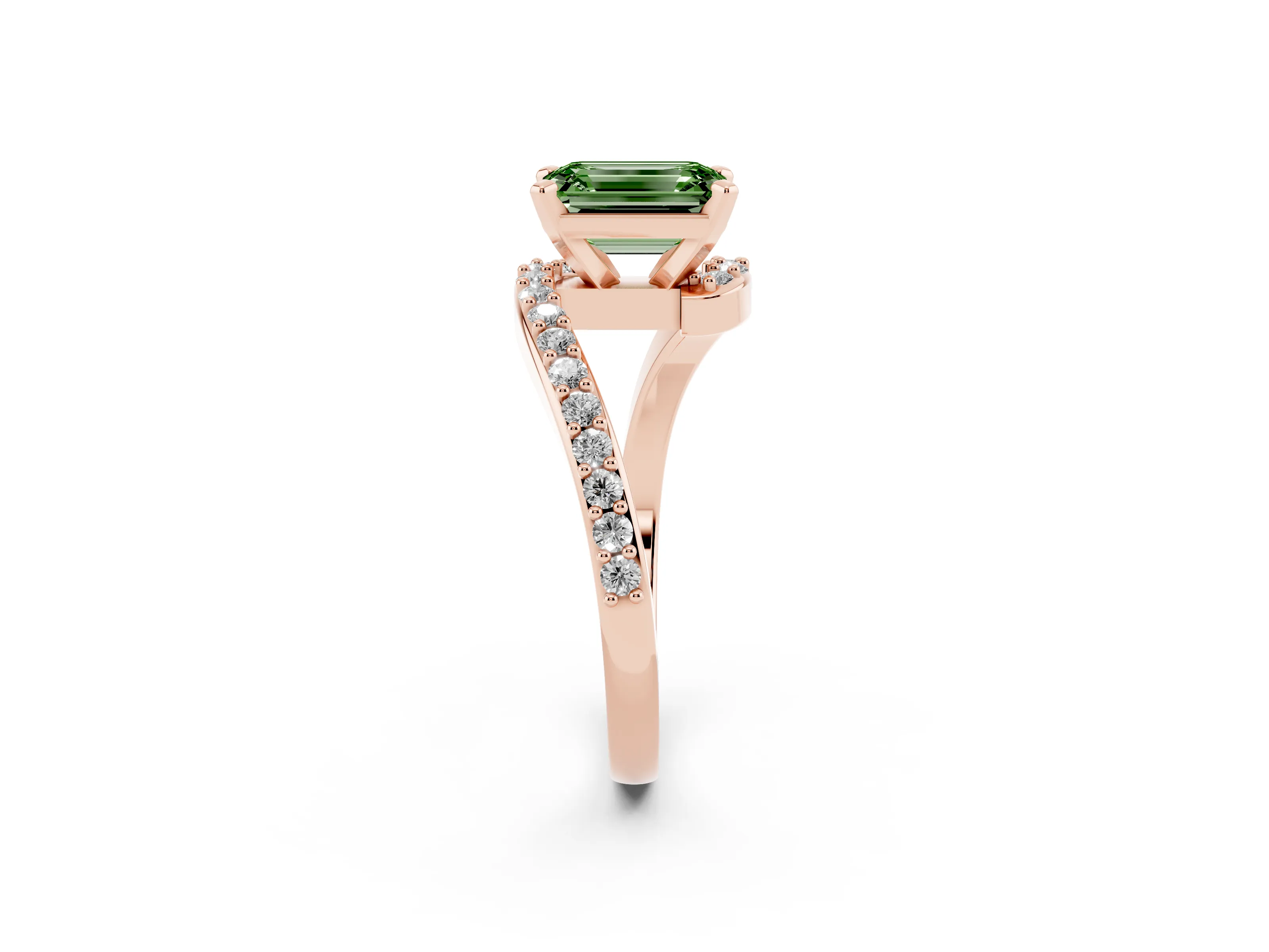 Fancy Green Emerald Cut Diamond Solitaire Ring Set in Rose gold with Pavé Twist Band and Prong Setting