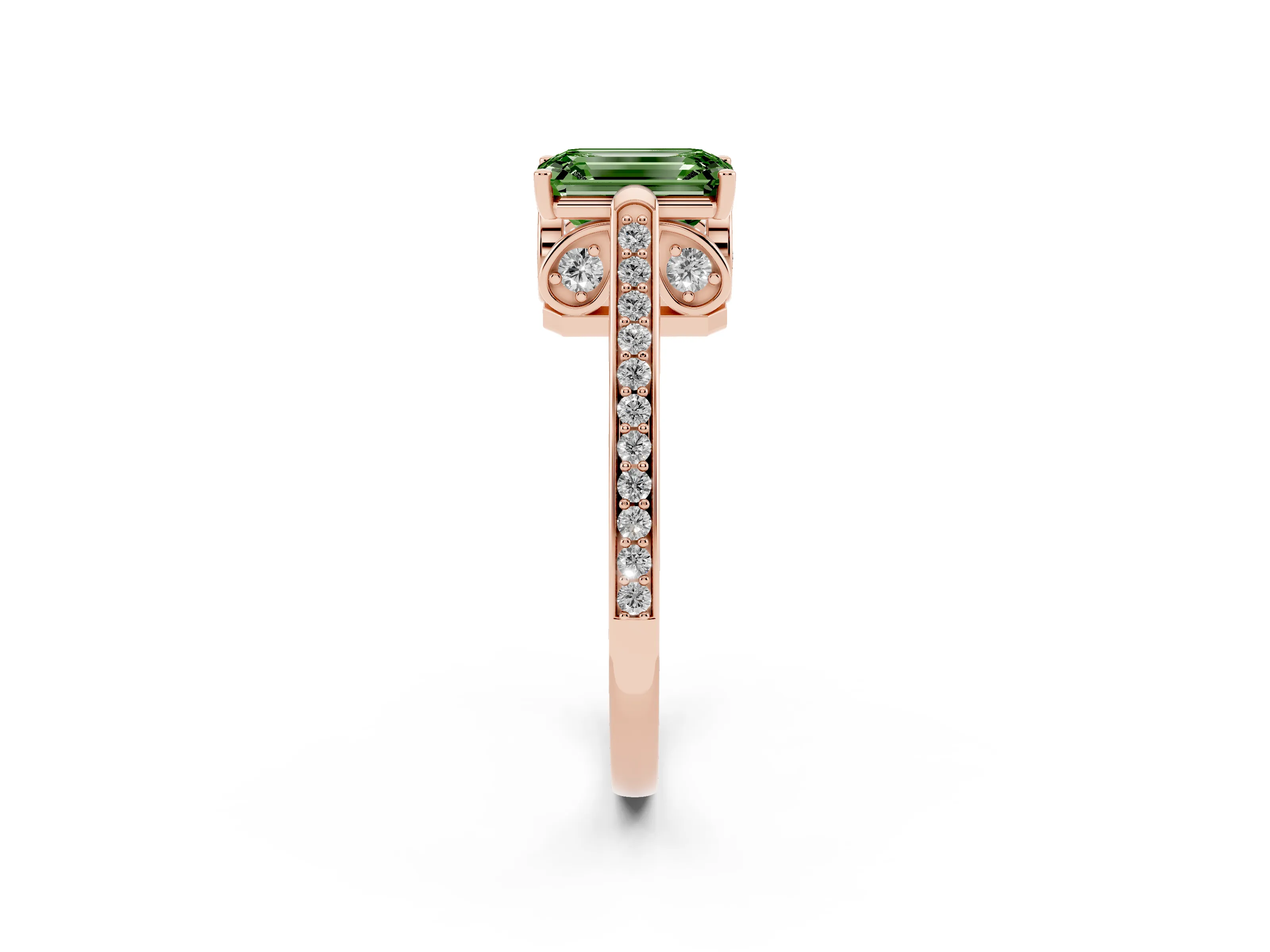 Fancy Green Emerald Cut Diamond Cathedral Pavé Engagement Ring Set in Rose gold with Prong Setting