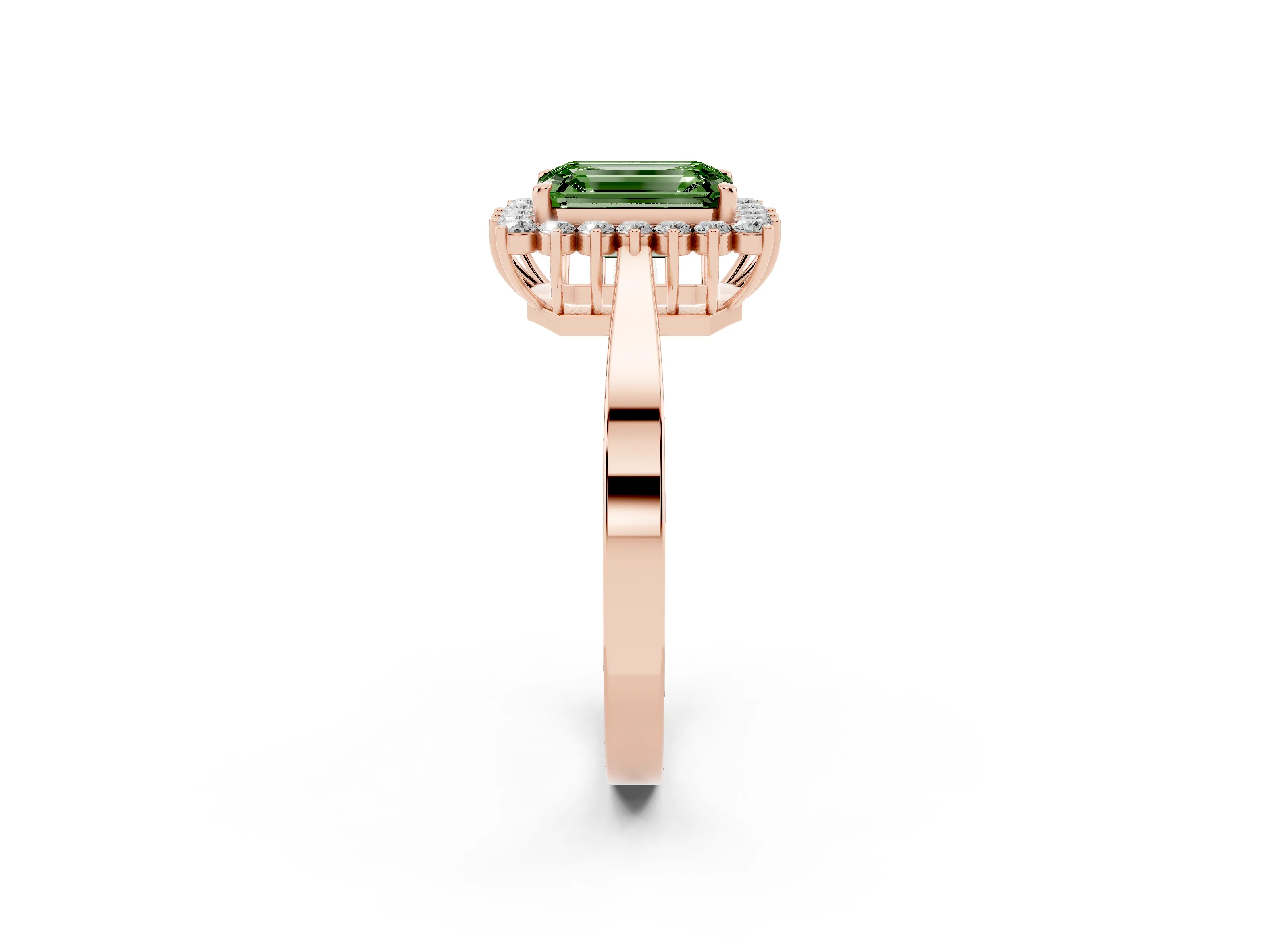 Fancy Green Emerald Cut Diamond Halo Ring Set in Rose gold with Round Halo and Smooth Solitaire Band