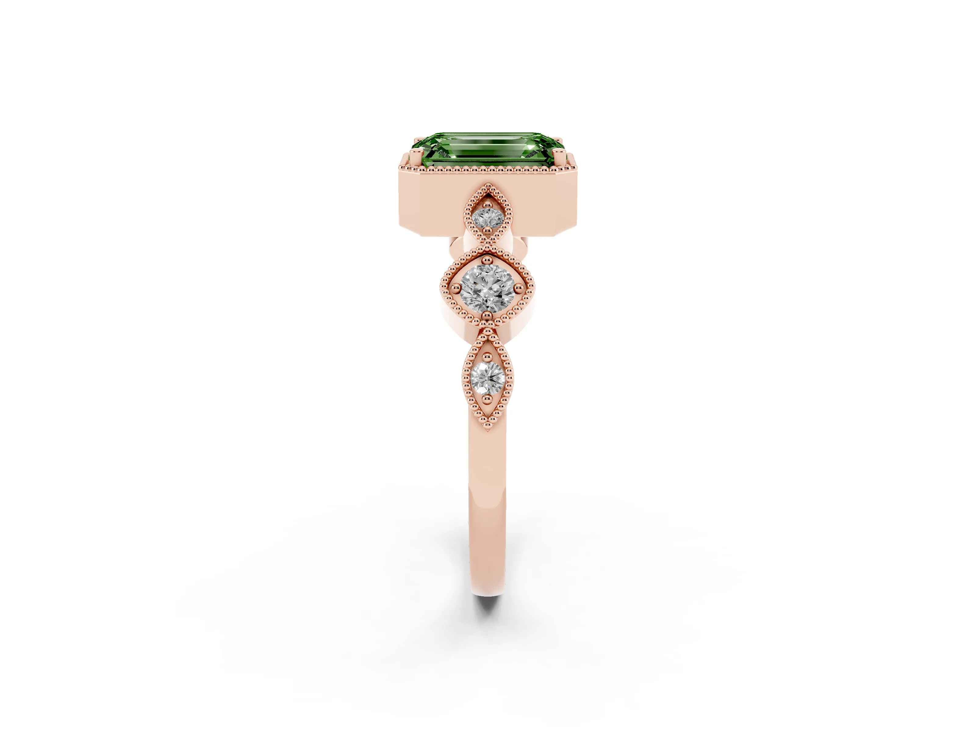 Fancy Green Emerald Cut Diamond Vintage-Inspired Milgrain Ring Set in Rose gold with Marquise Stations of Round Accents