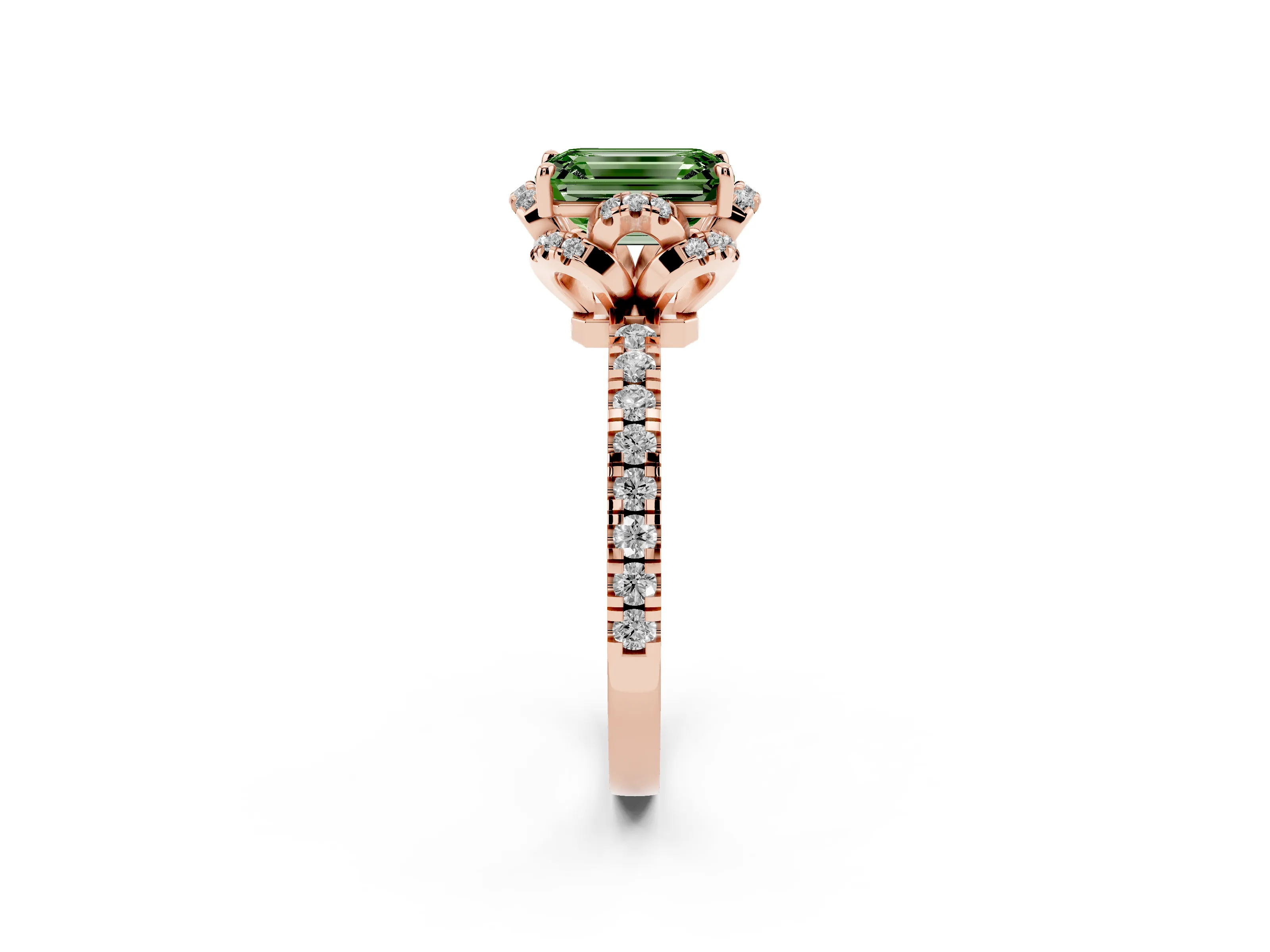Fancy Green Emerald Cut Diamond Halo Pavé Band Ring Set in Rose gold with Prong-Held Center