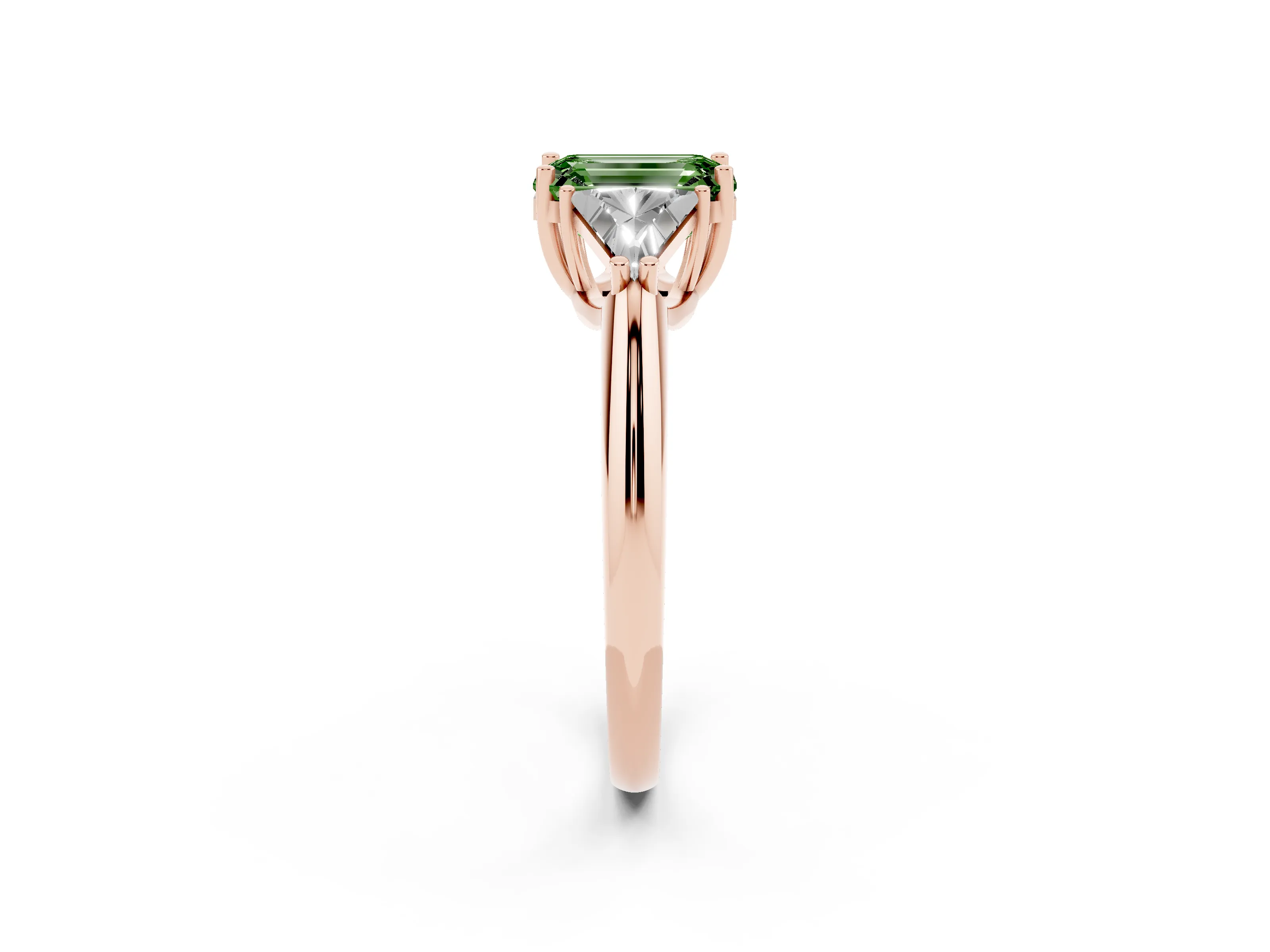 Fancy Green Emerald Cut Diamond Three-Stone Engagement Ring Set in Rose gold with Trillion Side Stones