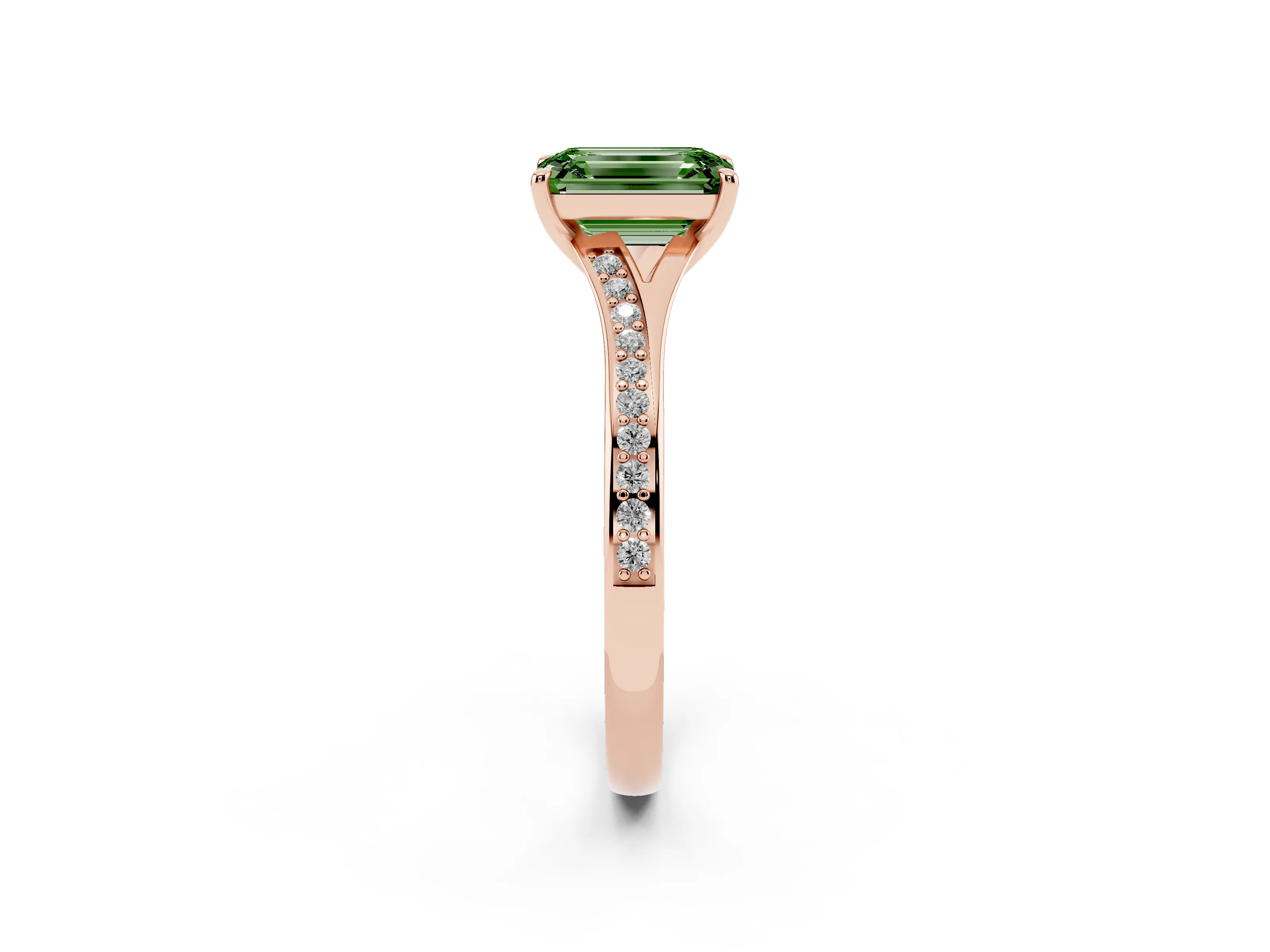 Fancy Green Emerald Cut Diamond Solitaire Ring Set in Rose gold with Pavé Accent Band and Classic Prong Setting