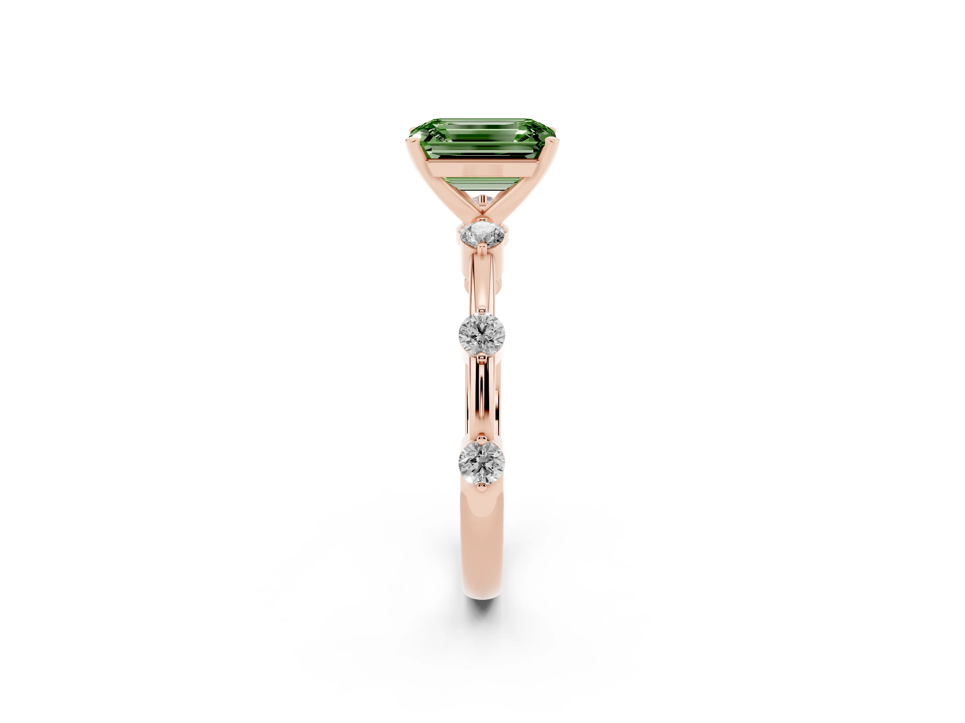 Fancy Green Emerald Cut Diamond Solitaire Ring Set in Rose gold with Bezel Set Side Stones and Prong Setting