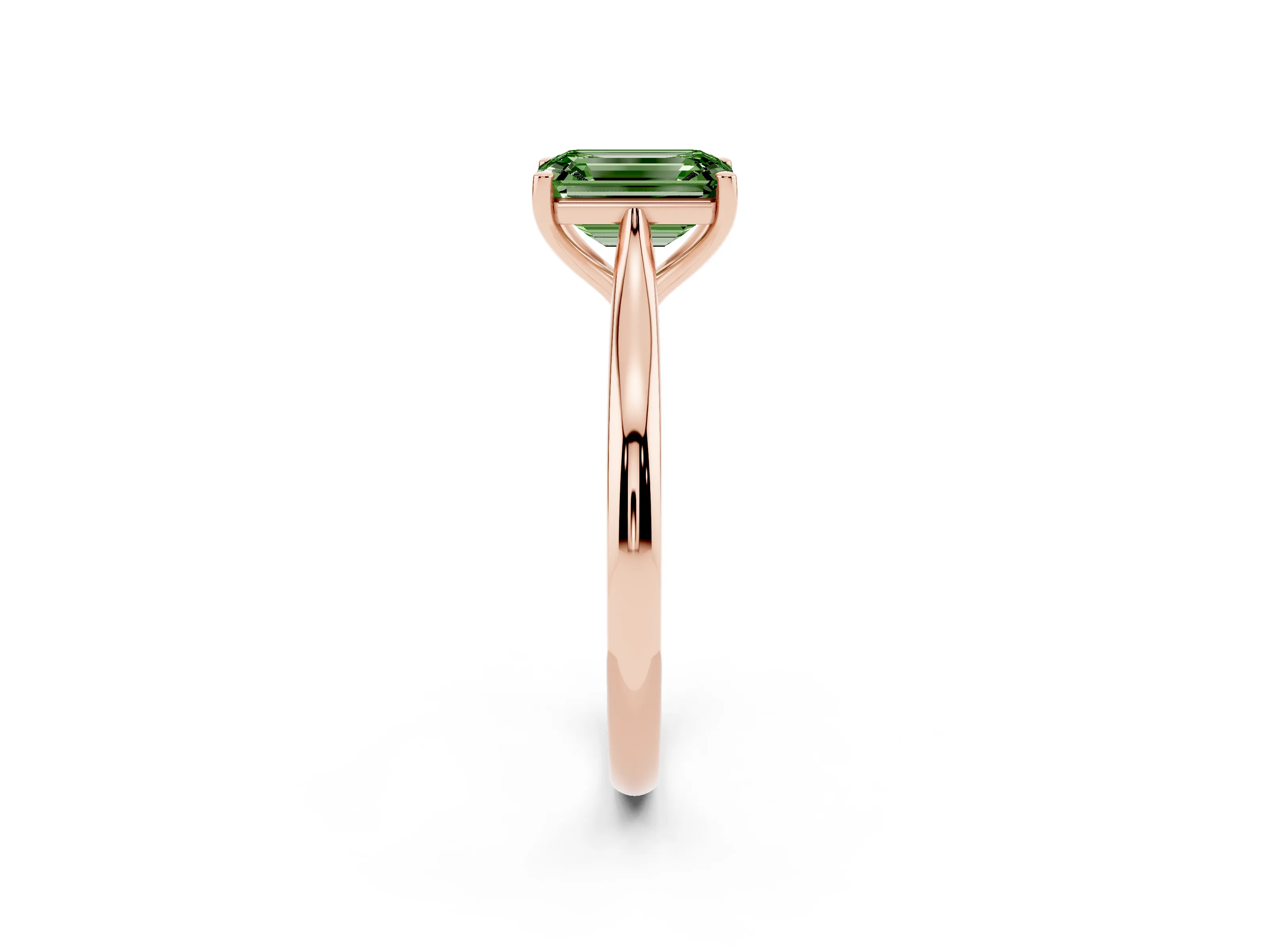Fancy Green Emerald Cut Diamond Solitaire Ring Set in Rose gold with Cathedral Band and Prong Setting