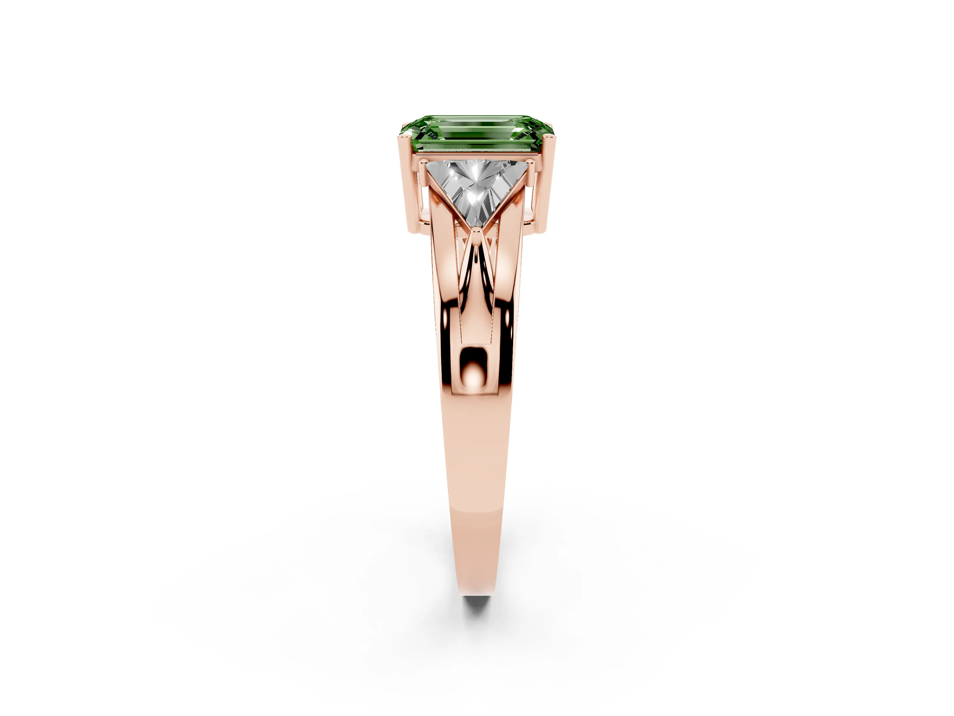 Fancy Green Emerald Cut Diamond Three-Stone Ring Set in Rose gold with Trillion Side Stones and Split Shank