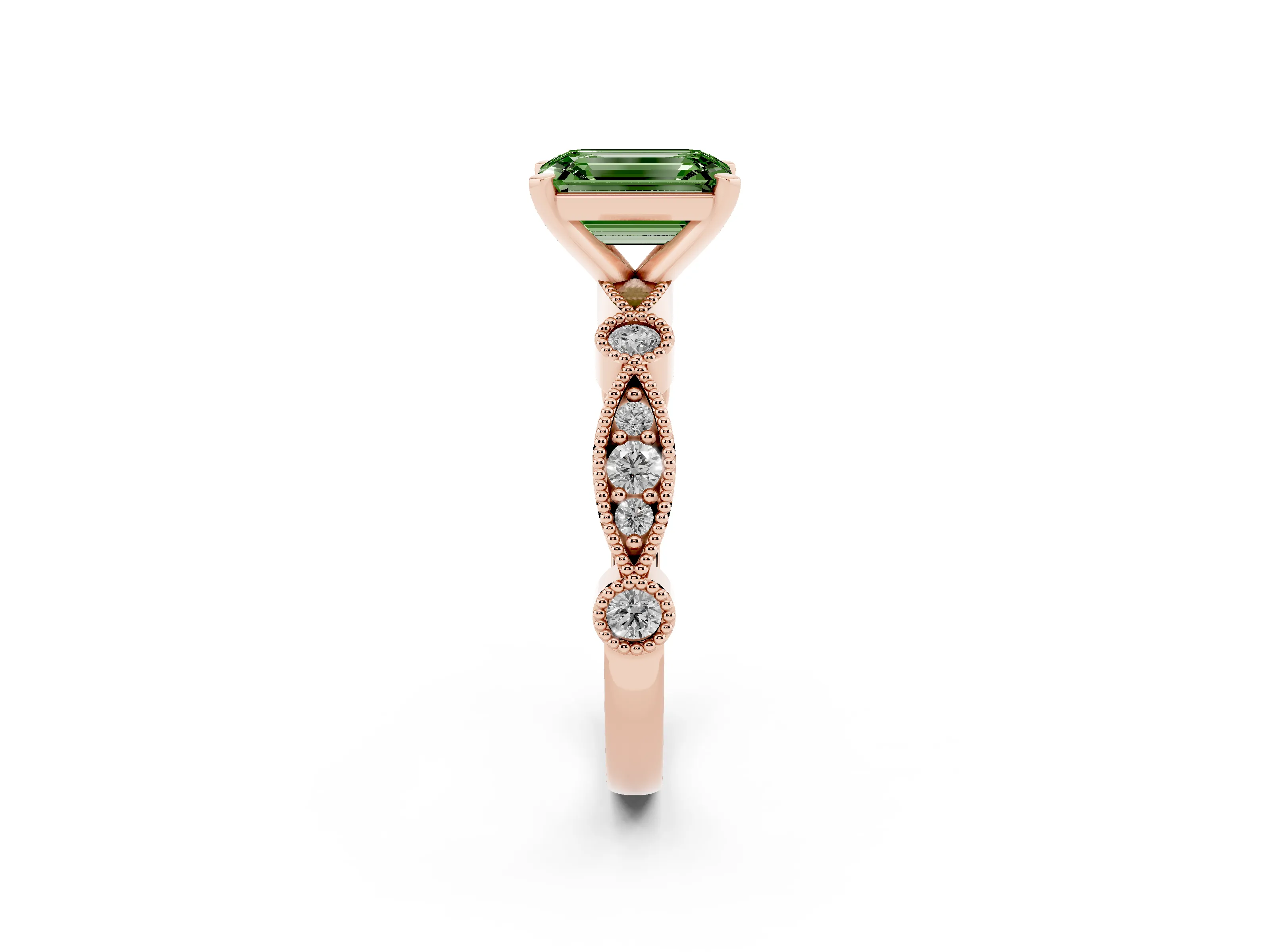Fancy Green Emerald Cut Diamond Solitaire Engagement Ring Set in Rose gold with Milgrain Bezel Accent Band