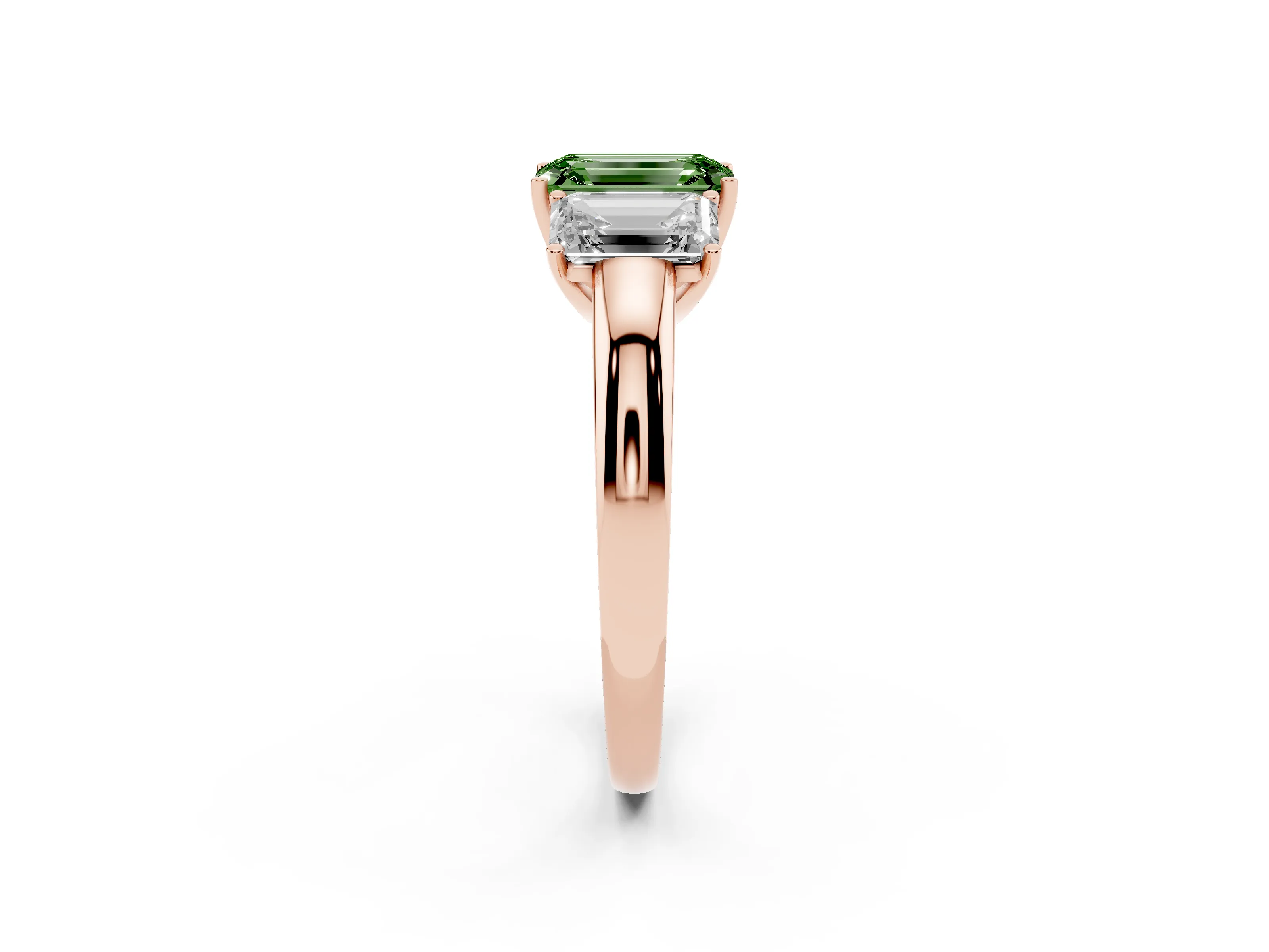 Fancy Green Emerald Cut Diamond Three-Stone Ring Set in Rose gold with Bold Center and Classic Band