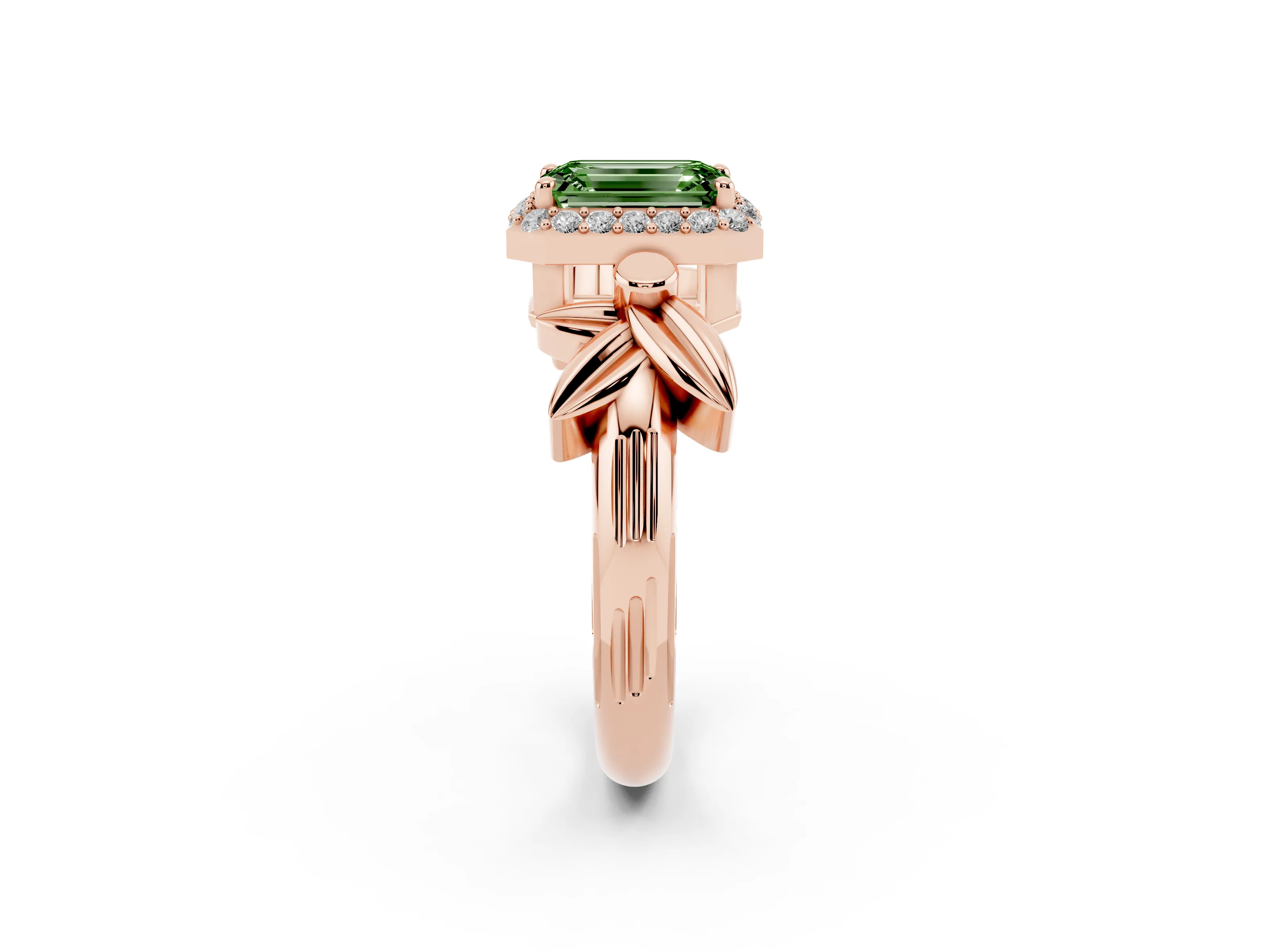 Fancy Green Emerald Cut Diamond Halo Floral Band Ring Set in Rose gold with Prong Setting