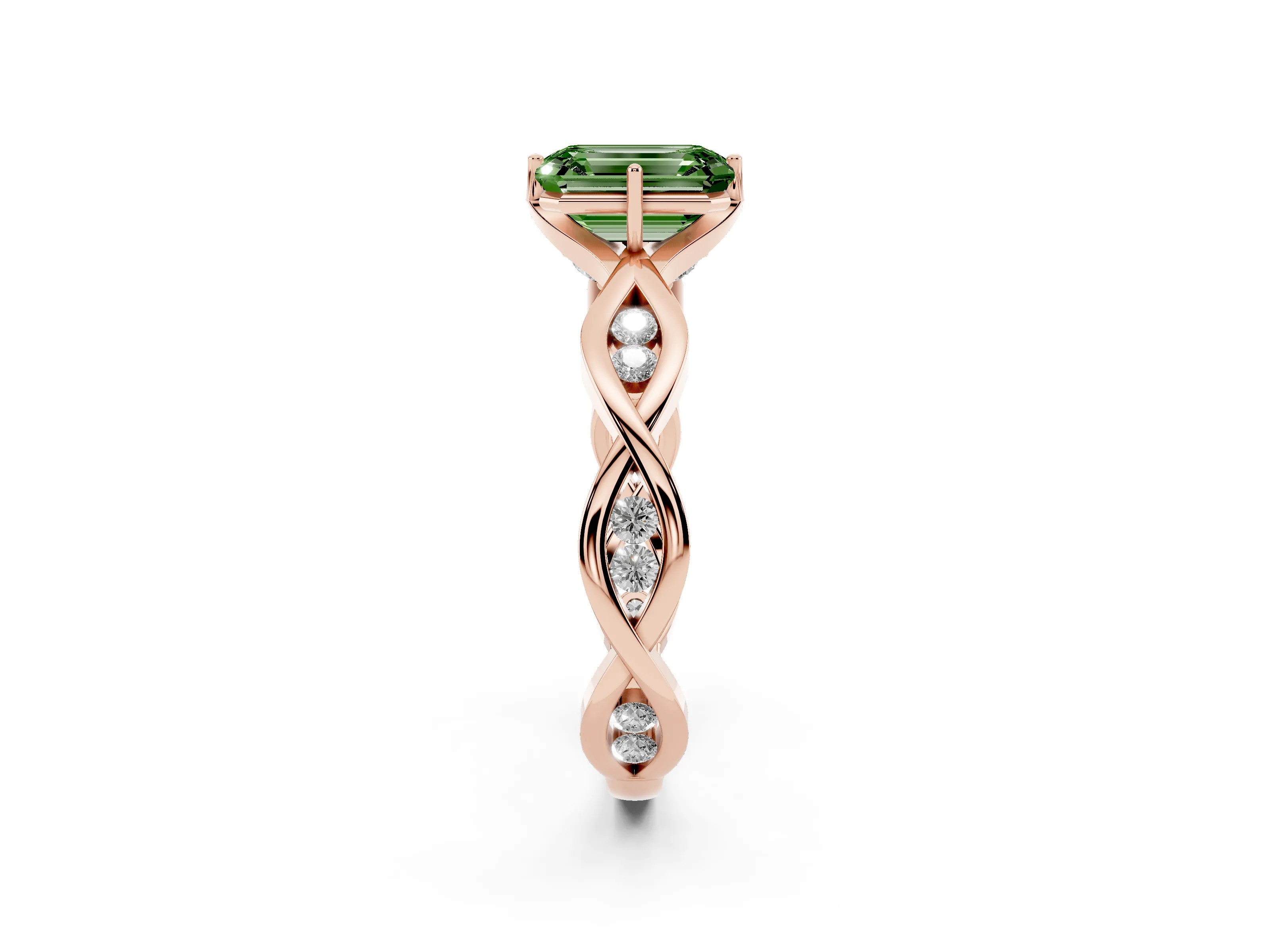 Fancy Green Emerald Cut Diamond Twist Band Solitaire Ring Set in Rose gold with Leaf Prong Setting and Accent Stones