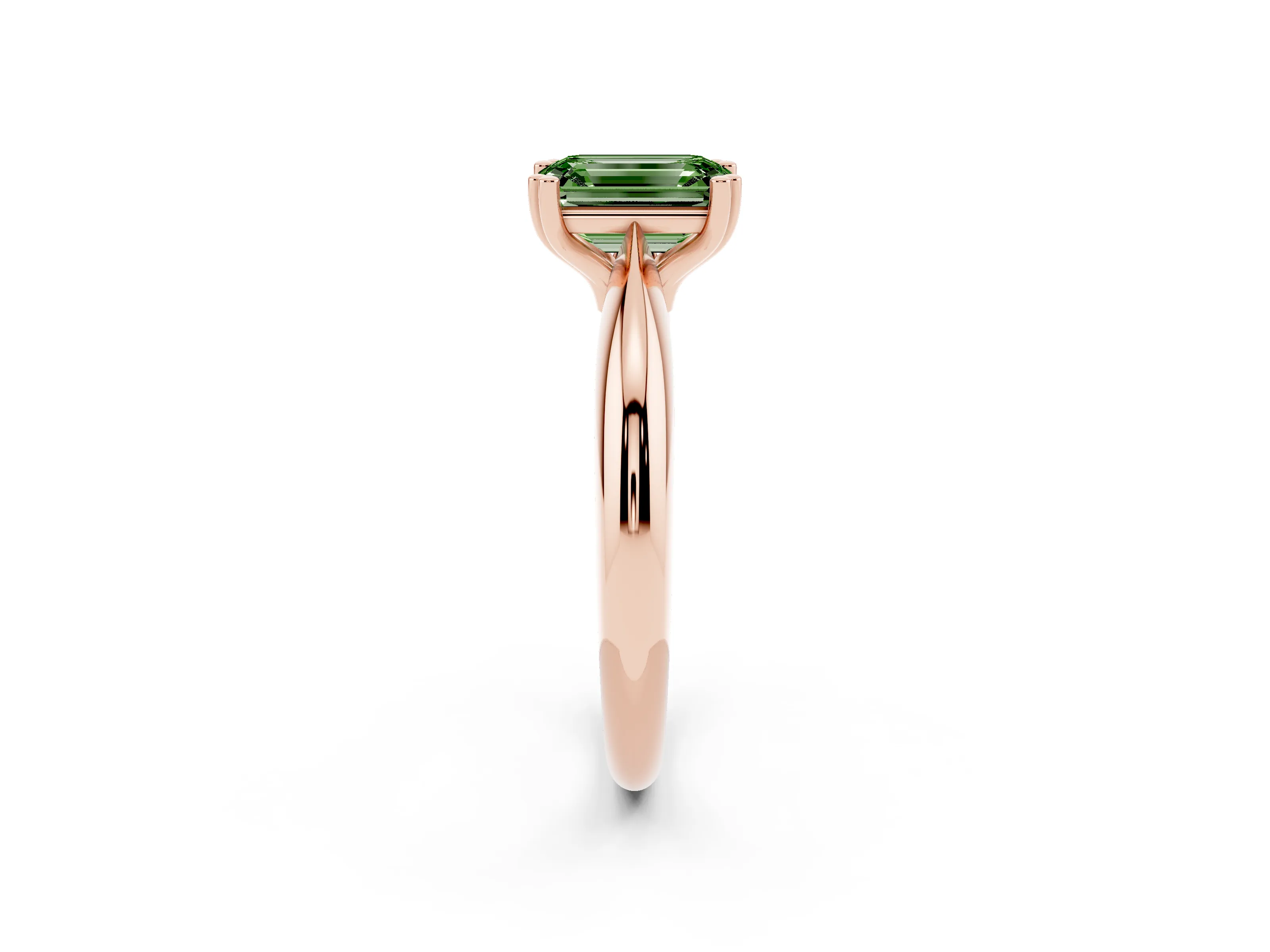 Fancy Green Emerald Cut Diamond Solitaire Engagement Ring Set in Rose gold with Tapered Band and Prong Setting