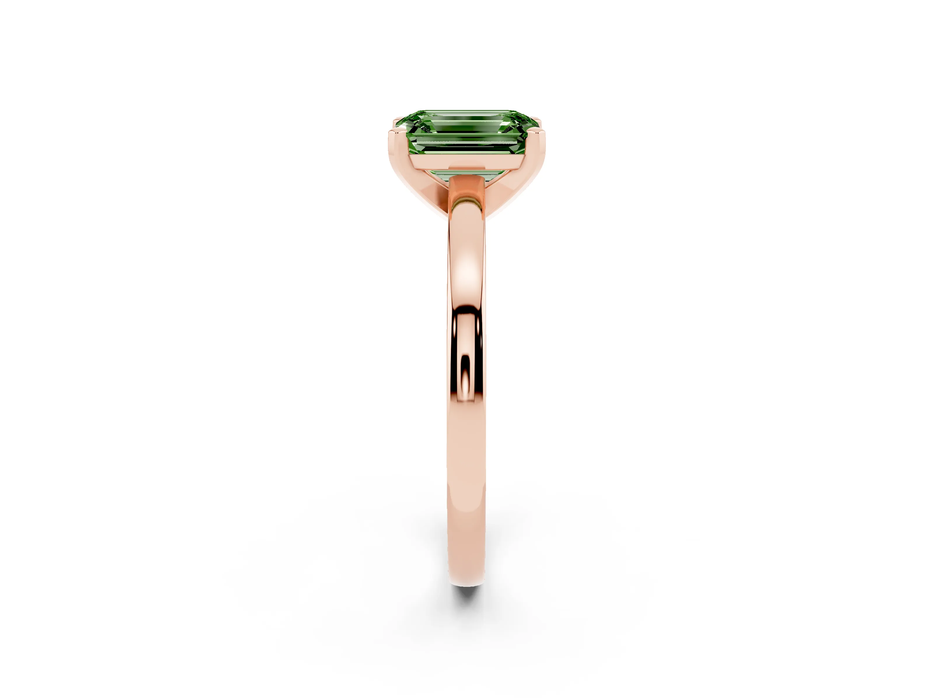 Fancy Green Emerald Cut Diamond Solitaire Engagement Ring Set in Rose gold with Prong Setting on a Classic Band