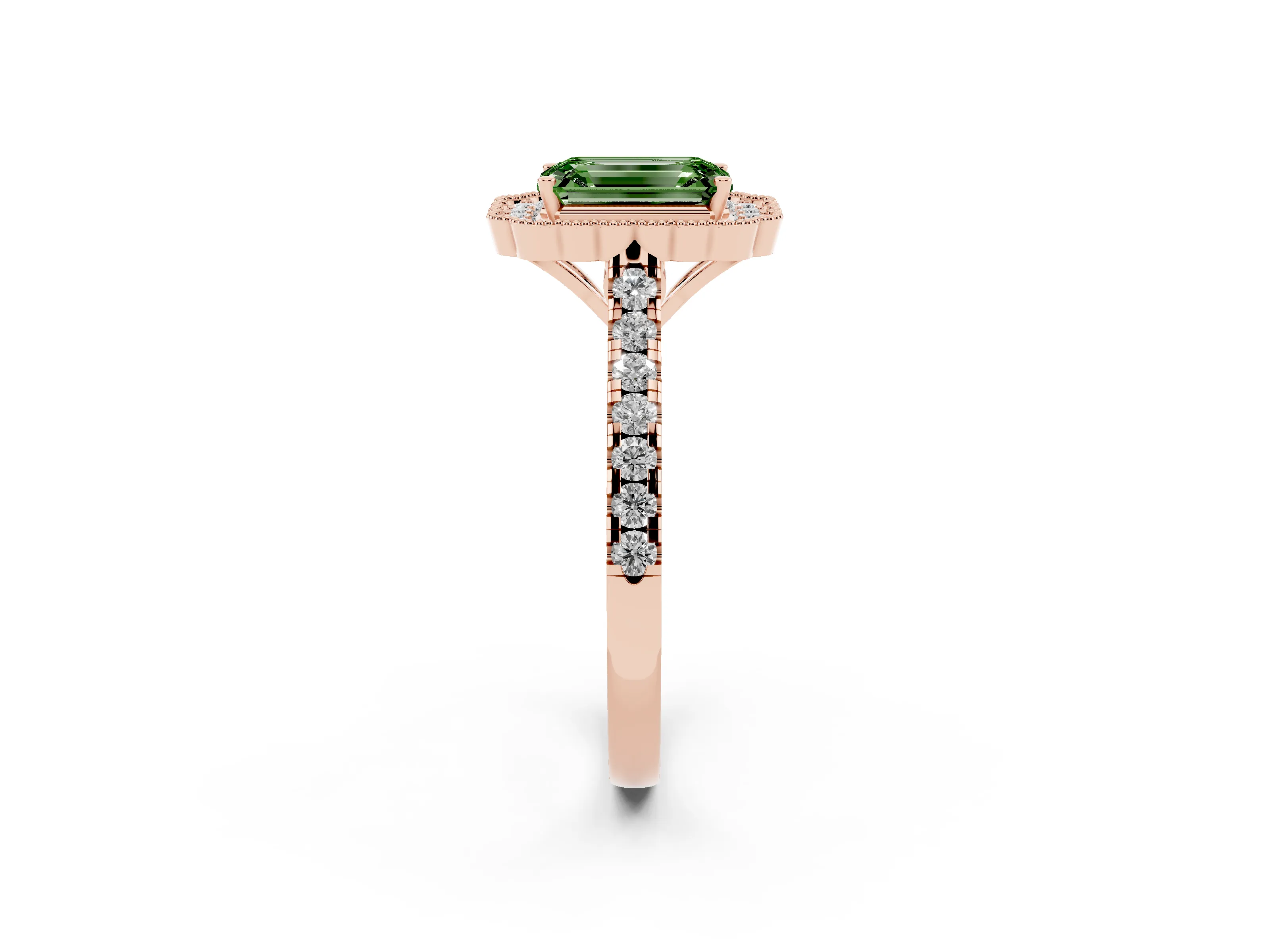 Fancy Green Emerald Cut Diamond Milgrain Floral Halo Engagement Ring Set in Rose gold with Pavé Band
