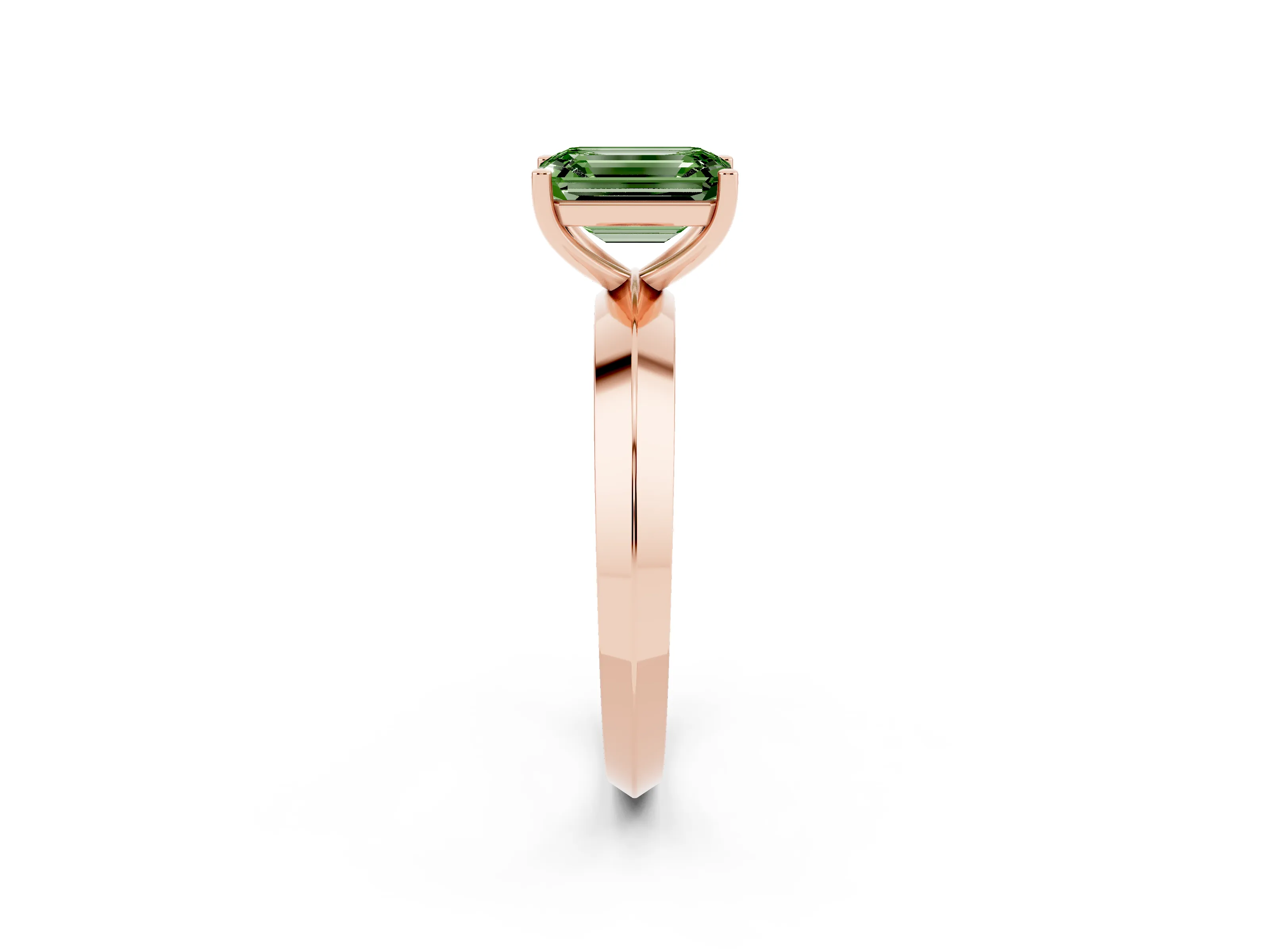 Fancy Green Emerald Cut Diamond Solitaire Engagement Ring Set in Rose gold with Flat Band and Prong Setting
