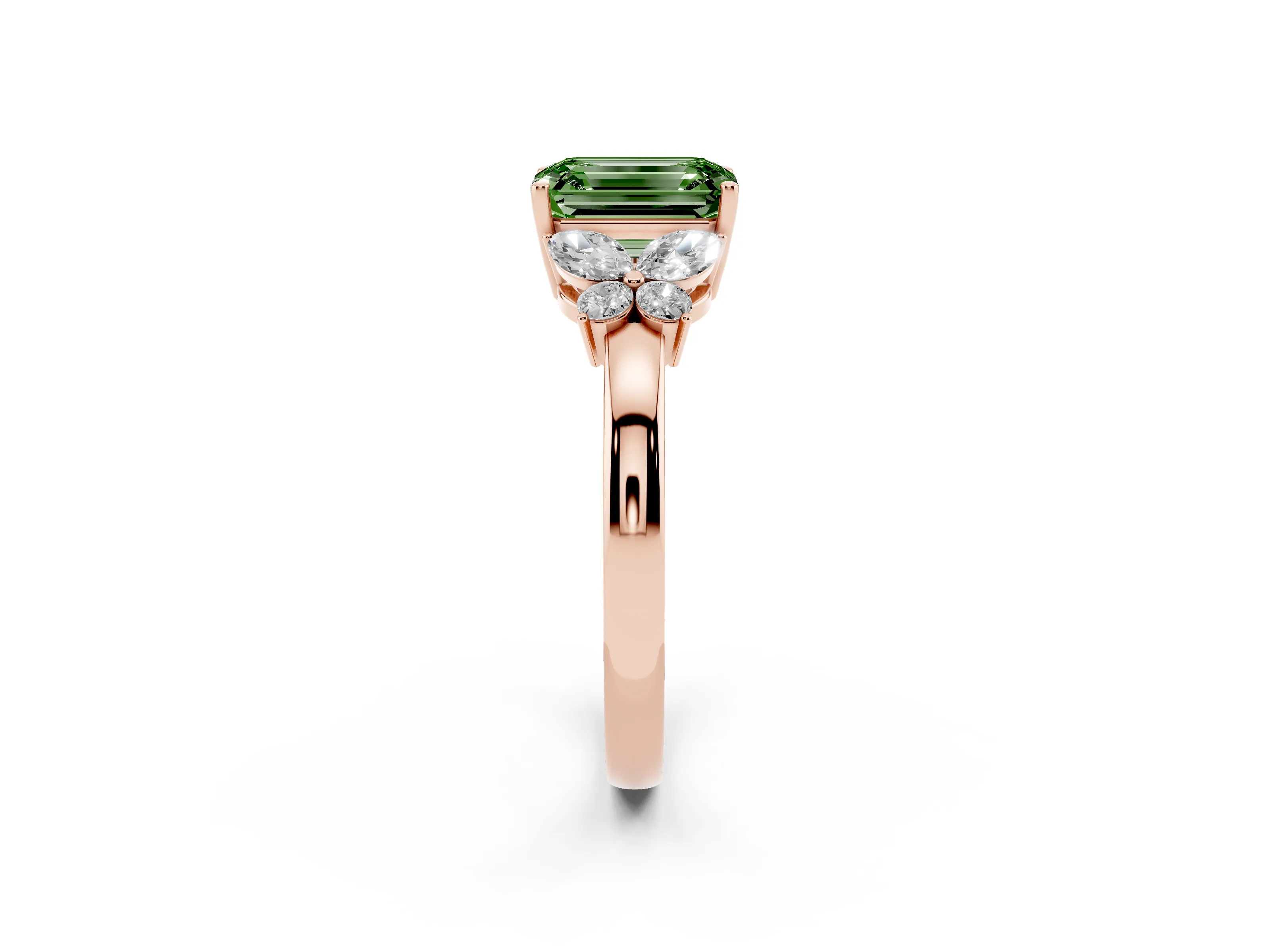 Fancy Green Emerald Cut Diamond Solitaire Floral Ring Set in Rose gold with Marquise Petals and Prong Setting