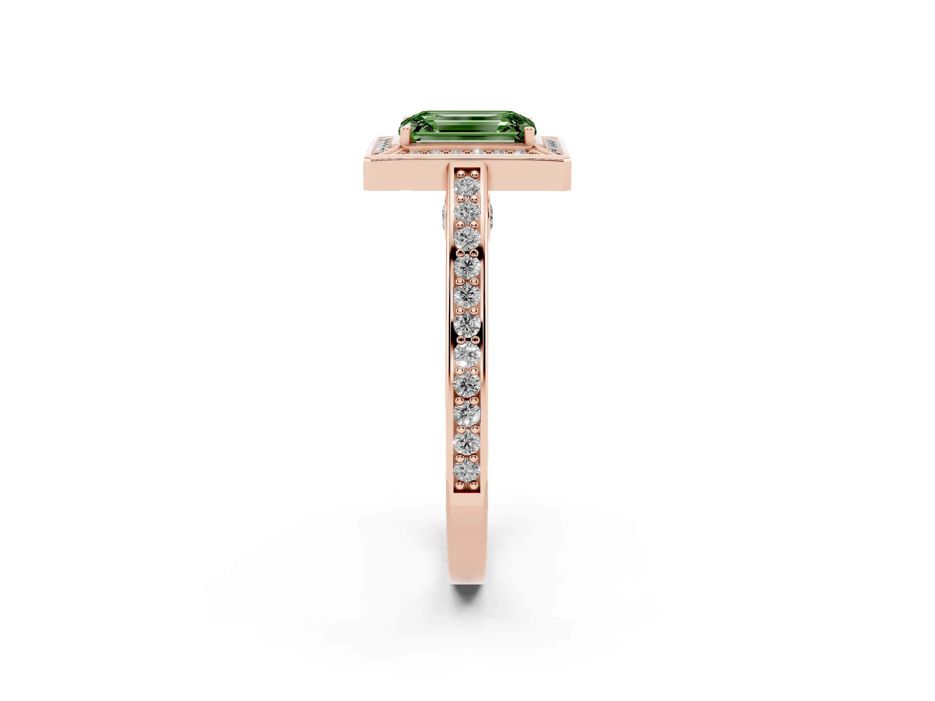 Fancy Green Emerald Cut Diamond Halo Pavé Split Shank Ring Set in Rose gold with Prong Setting