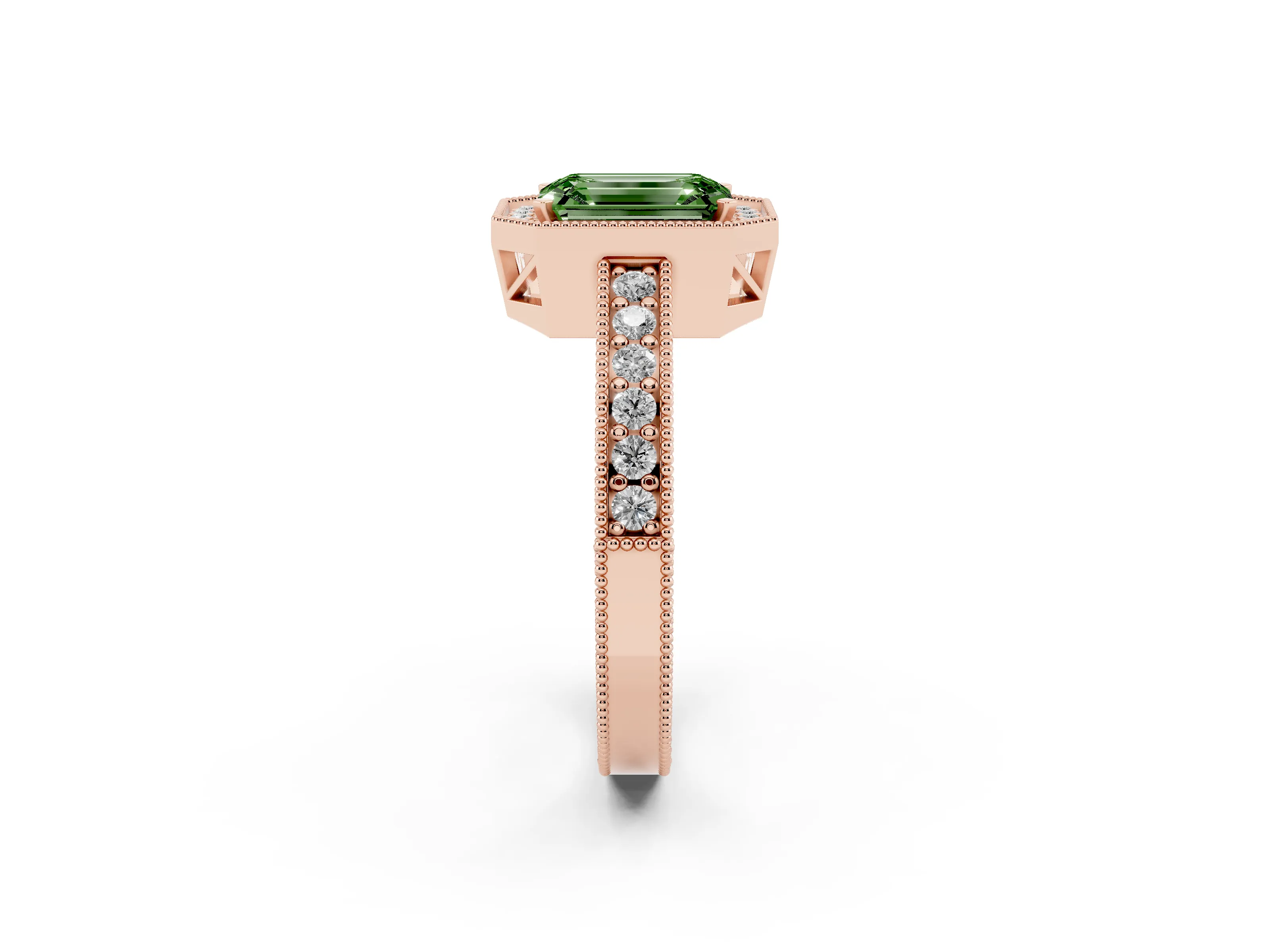 Fancy Green Emerald Cut Diamond Halo Pavé Band Ring Set in Rose gold with Prong-Set Center