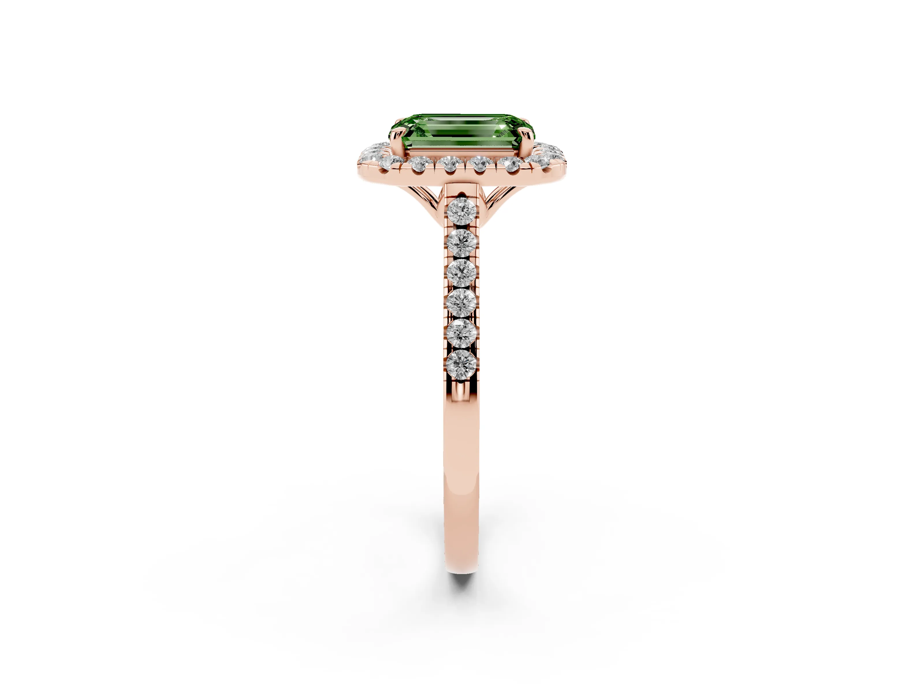 Fancy Green Emerald Cut Diamond Pavé Halo Engagement Ring Set in Rose gold with Pavé Band and Prong Setting