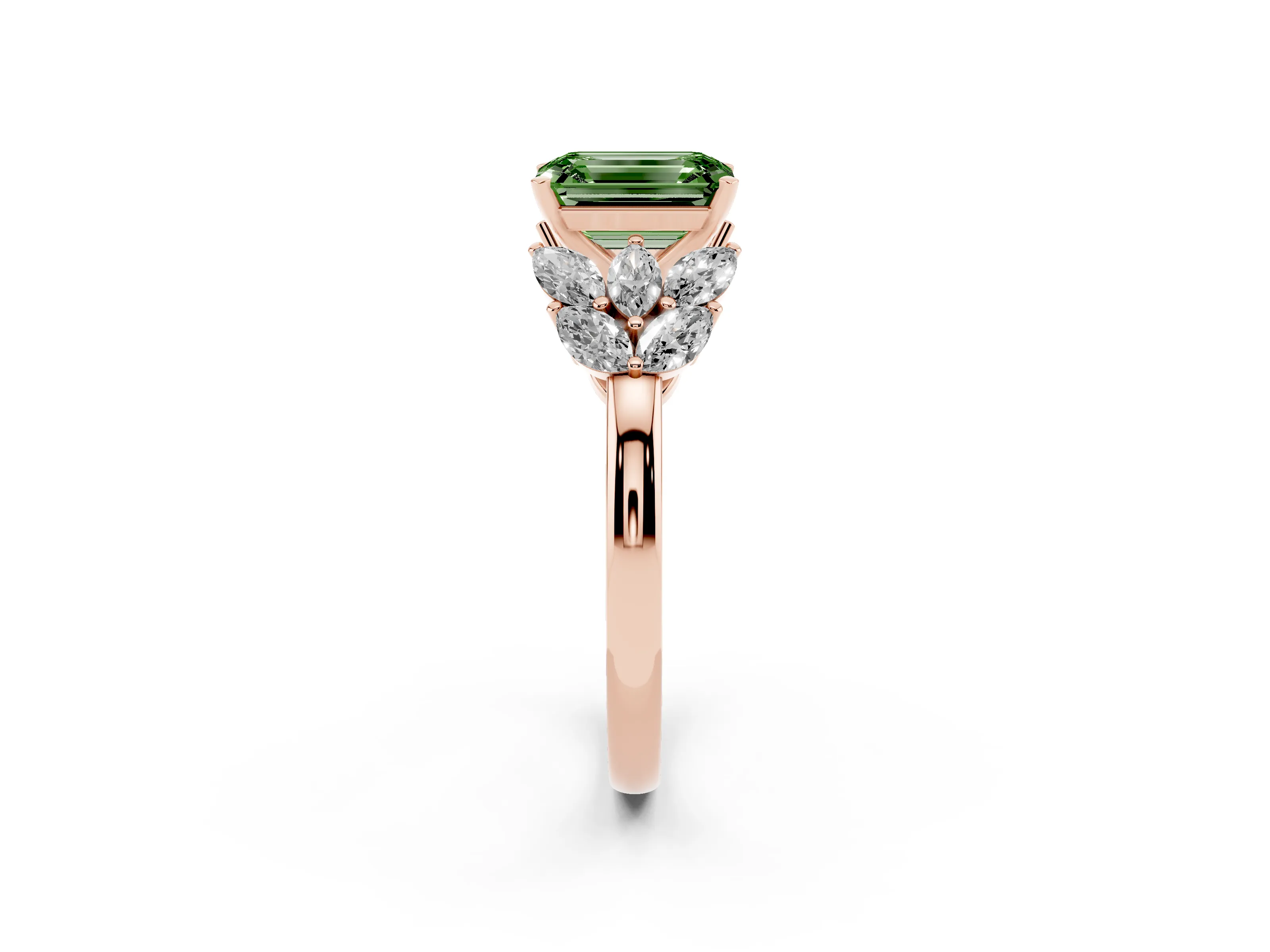 Fancy Green Emerald Cut Diamond Cluster Leaf Design Ring Set in Rose gold with Prong Setting