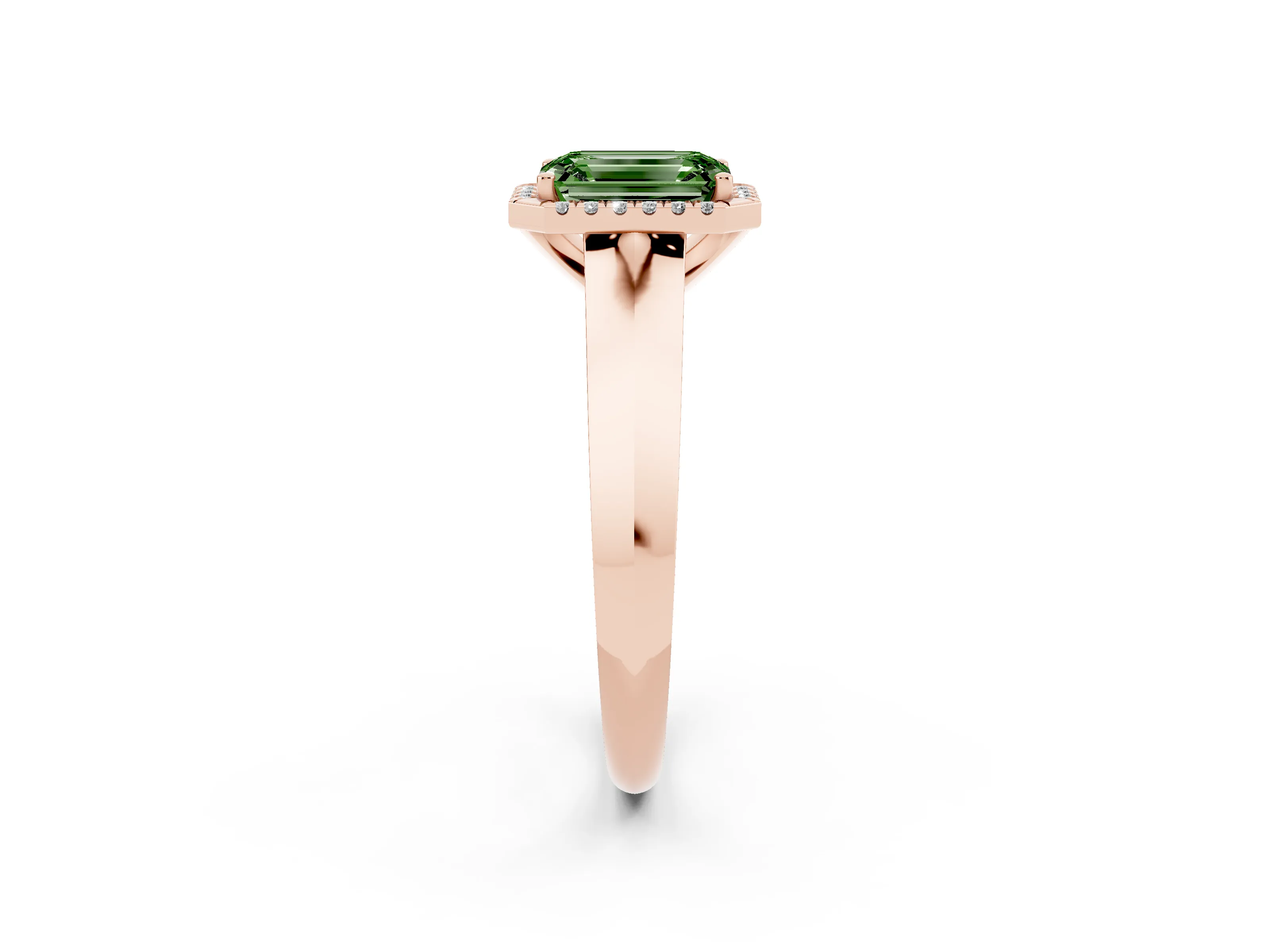 Fancy Green Emerald Cut Diamond Halo Ring Set in Rose gold with Cathedral Band and Prong Setting