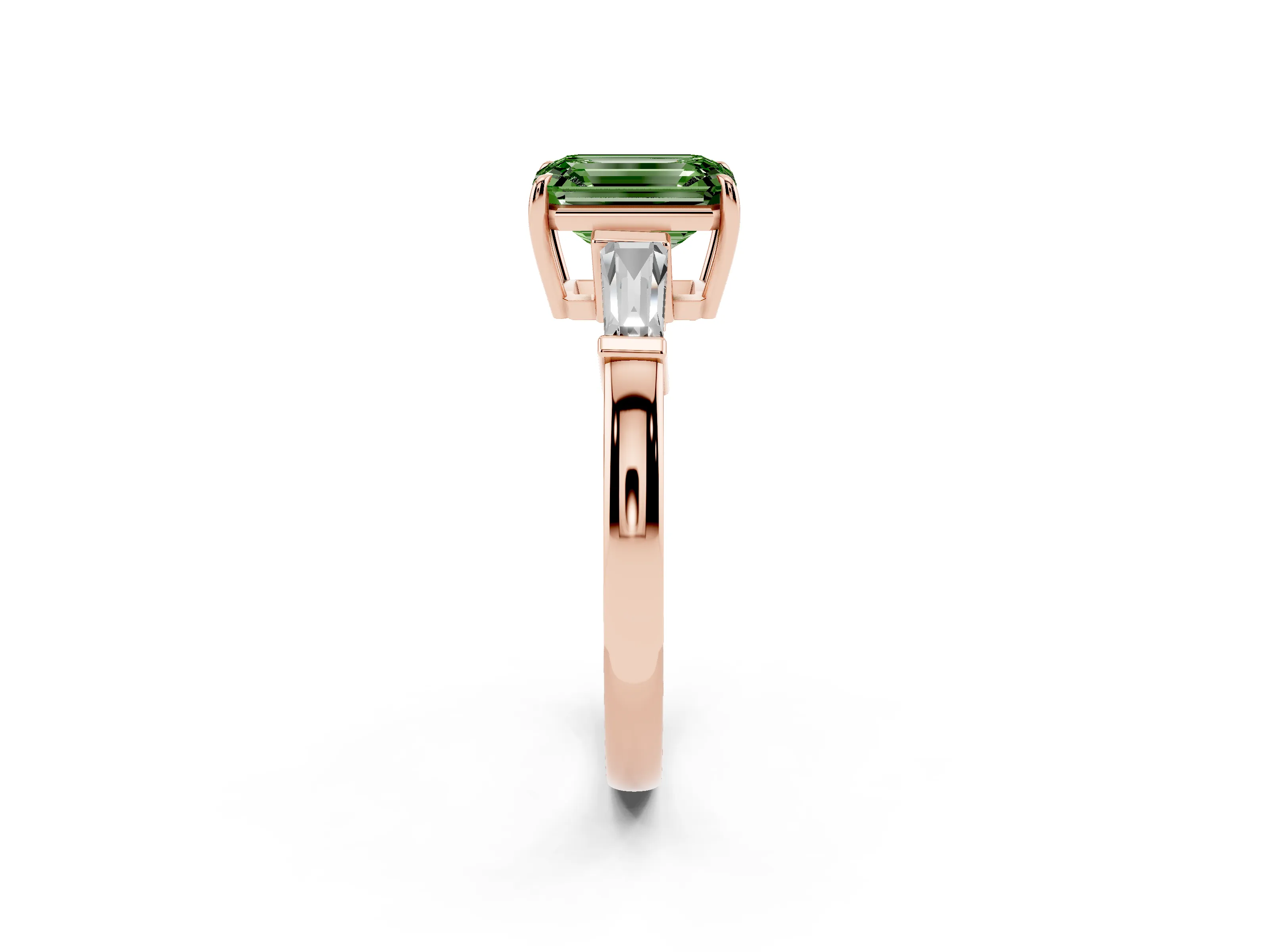 Fancy Green Emerald Cut Diamond Three-Stone Ring Set in Rose gold with Tapered Baguette Side Stones and Prong Setting