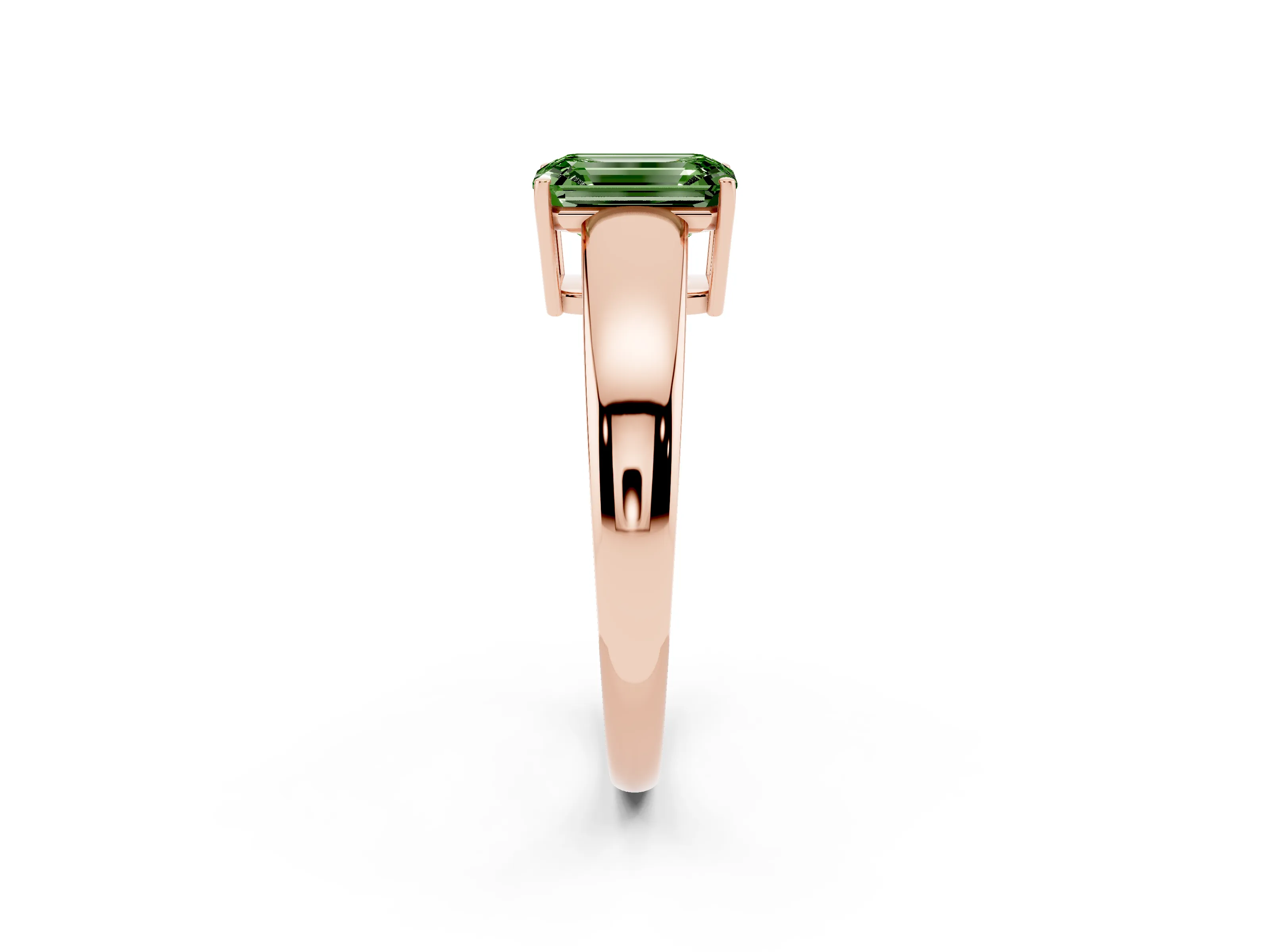 Fancy Green Emerald Cut Diamond Solitaire Ring Set in Rose gold with Tapered Band and Prong Setting