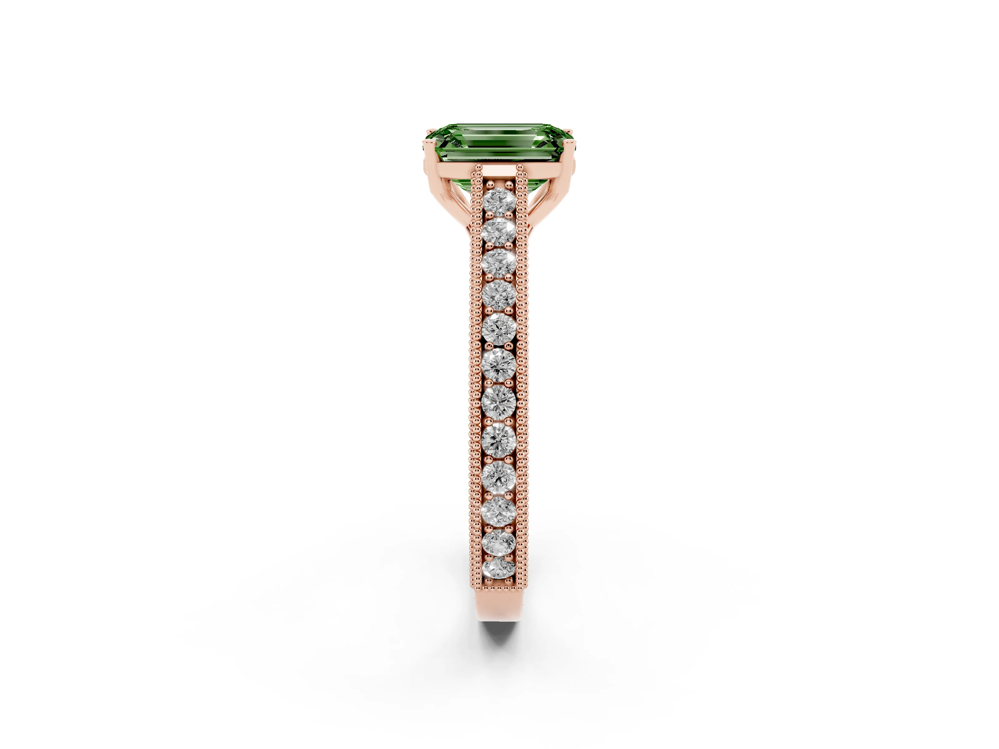 Fancy Green Emerald Cut Diamond Milgrain Pavé Band Solitaire Ring Set in Rose gold with Prong Setting