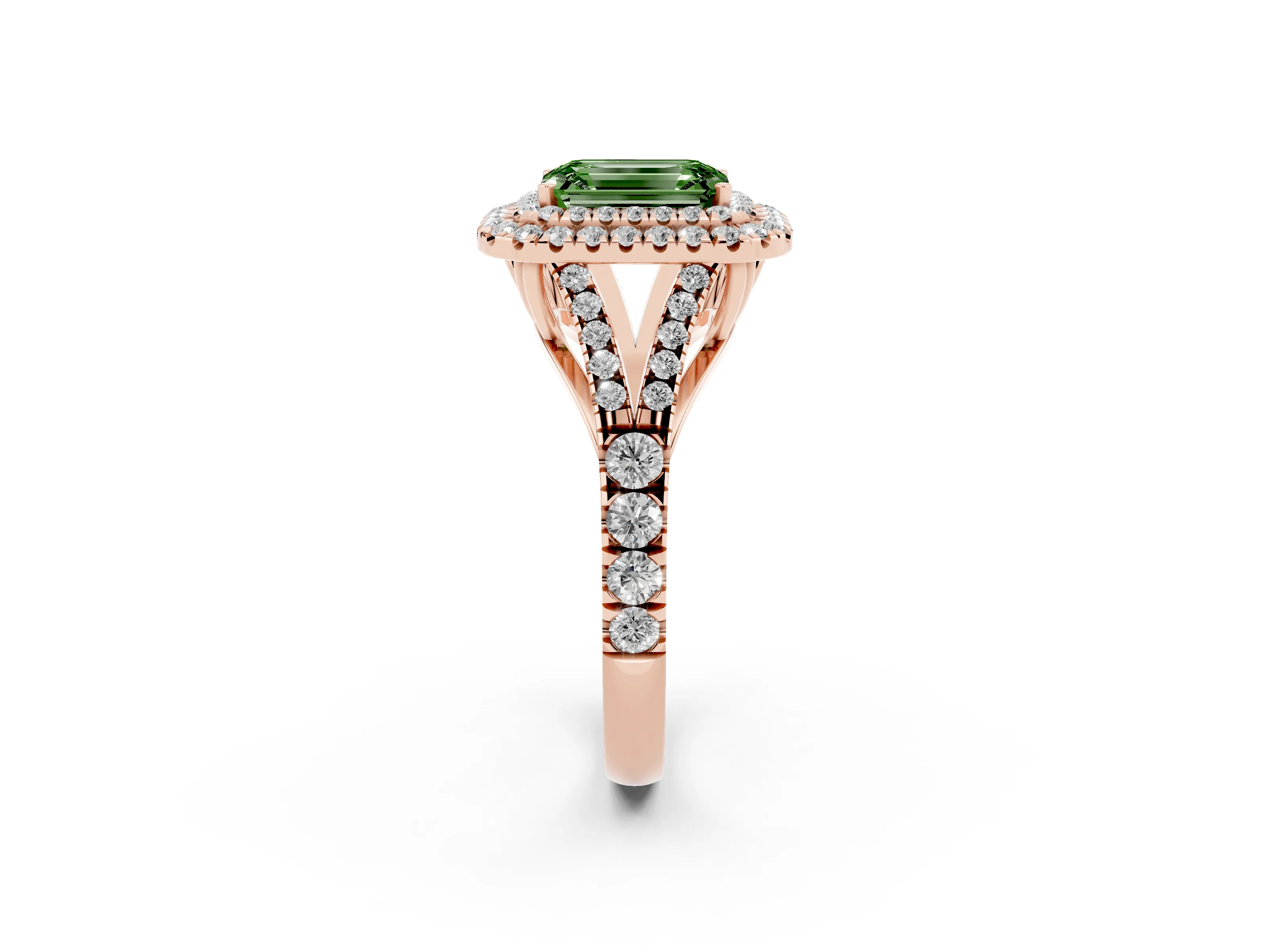 Fancy Green Emerald Cut Diamond Pavé Split Shank Double Halo Engagement Ring Set in Rose gold
