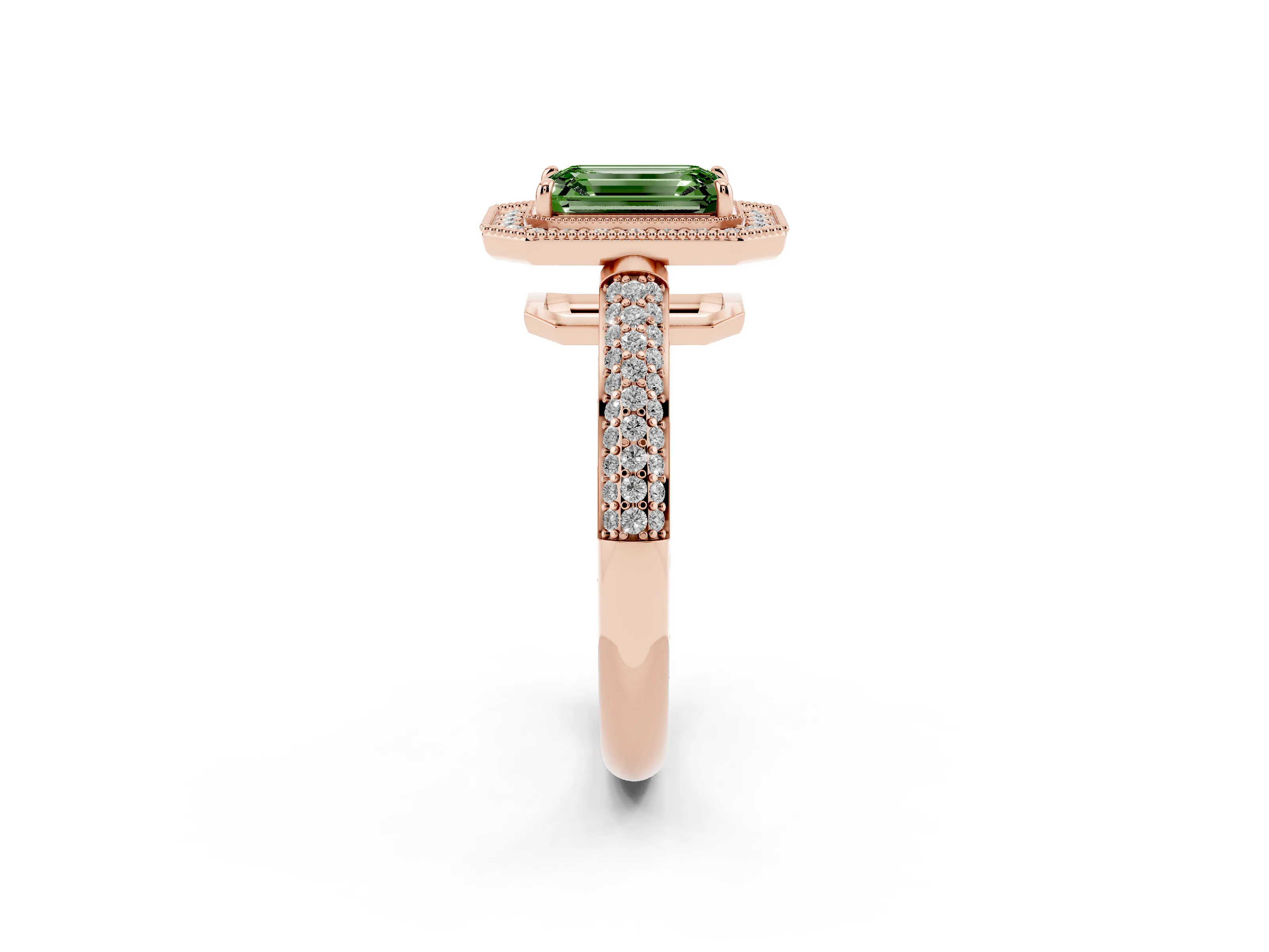 Fancy Green Emerald Cut Diamond Halo Pavé Band Set in Rose gold with Prong Setting