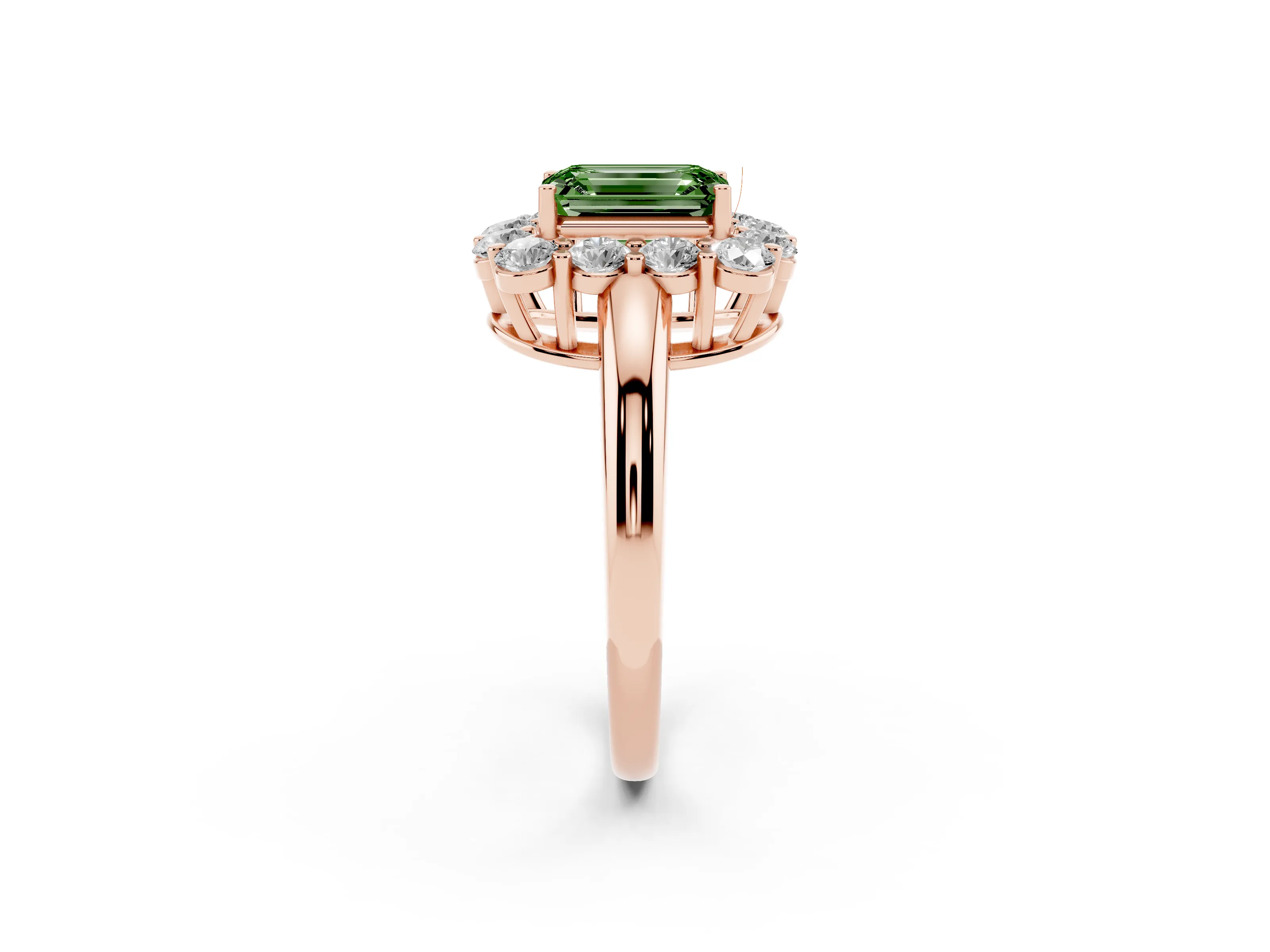 Fancy Green Emerald Cut Diamond Halo Cluster Engagement Ring Set in Rose gold with Polished Band and Prong Setting