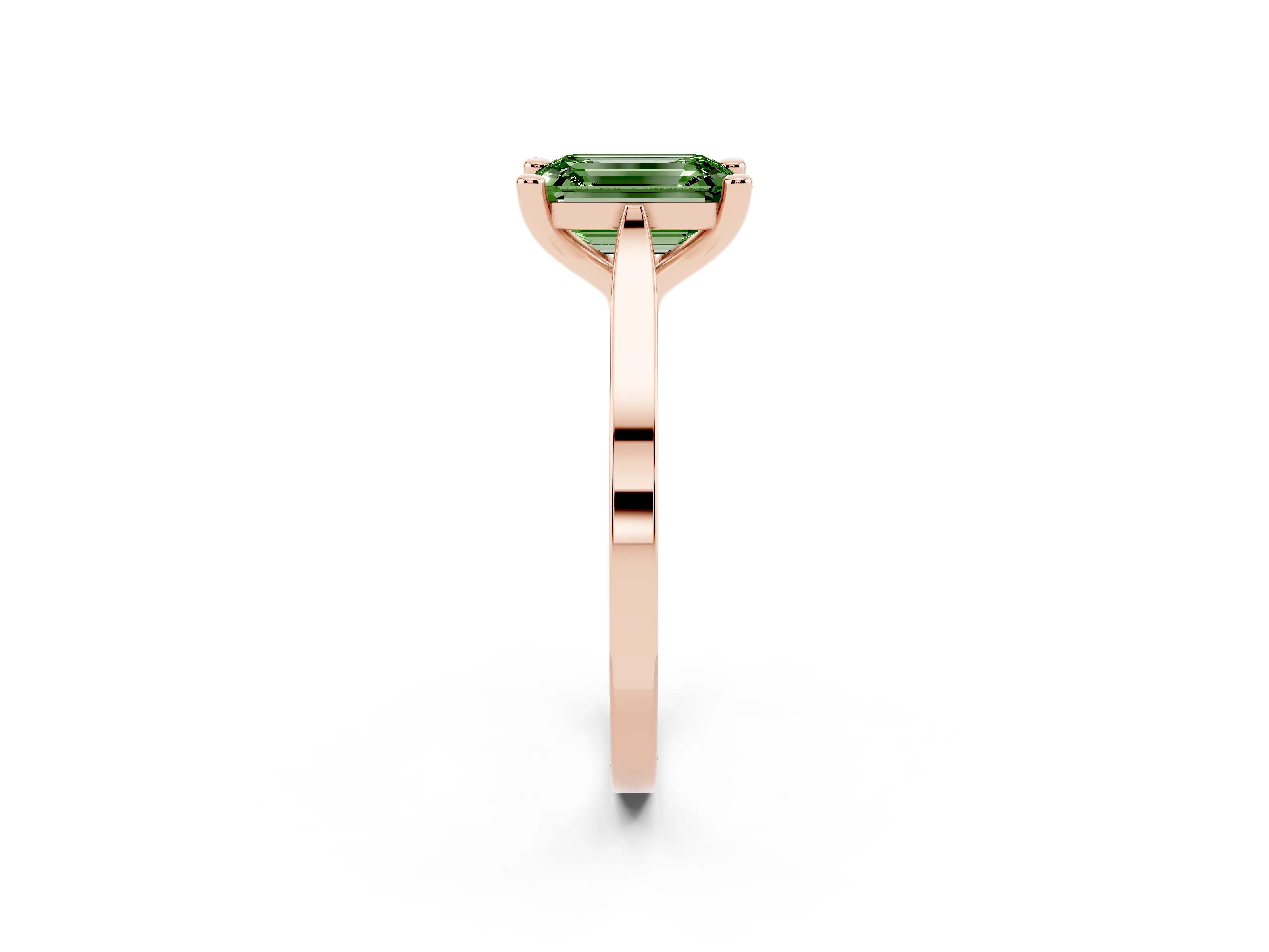 Fancy Green Emerald Cut Diamond Solitaire Ring Set in Rose gold with Prong Setting and Tapered Band