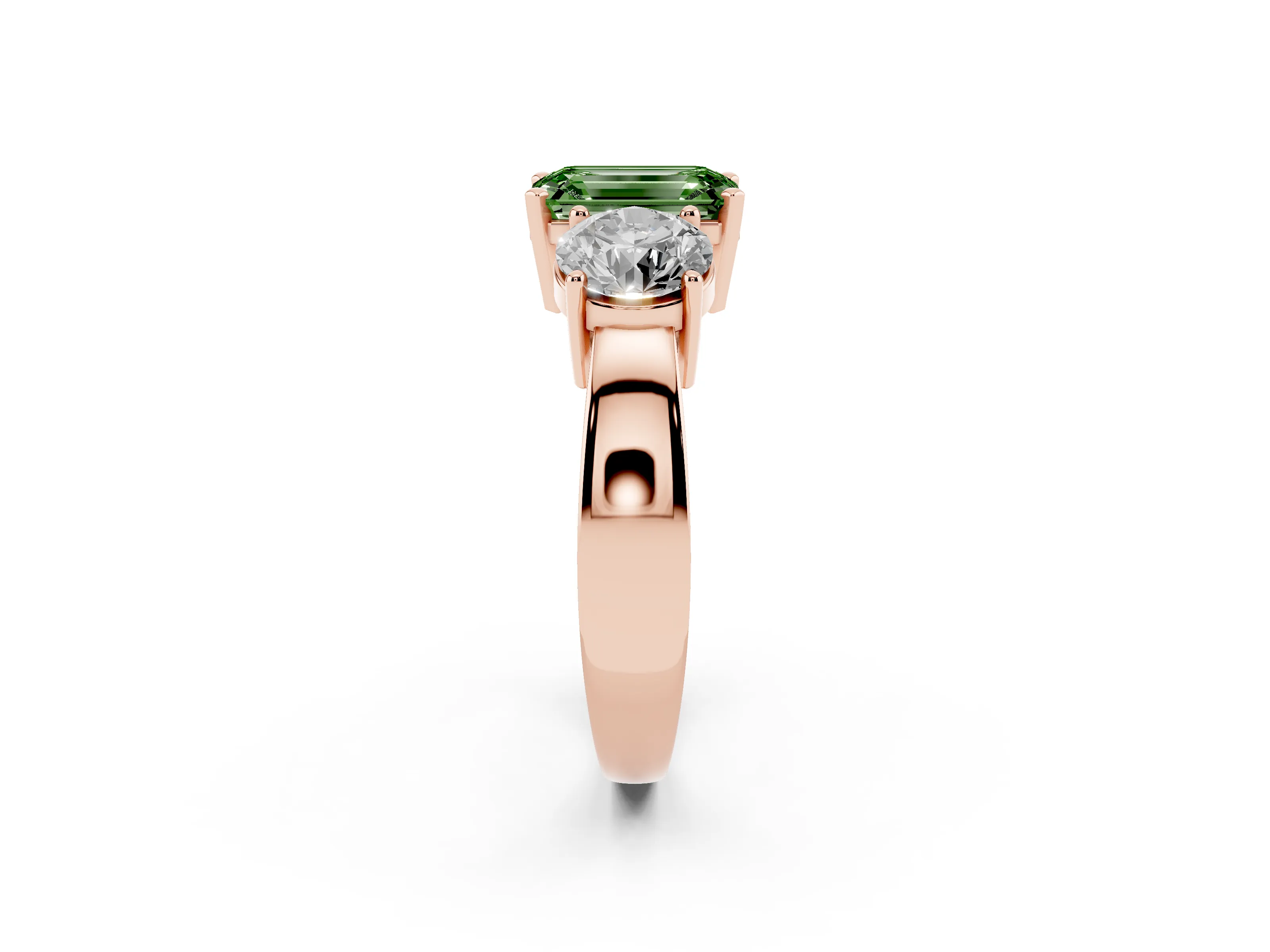 Fancy Green Emerald Cut Diamond Three-Stone Ring Set in Rose gold with Round Side Stones and Classic Band