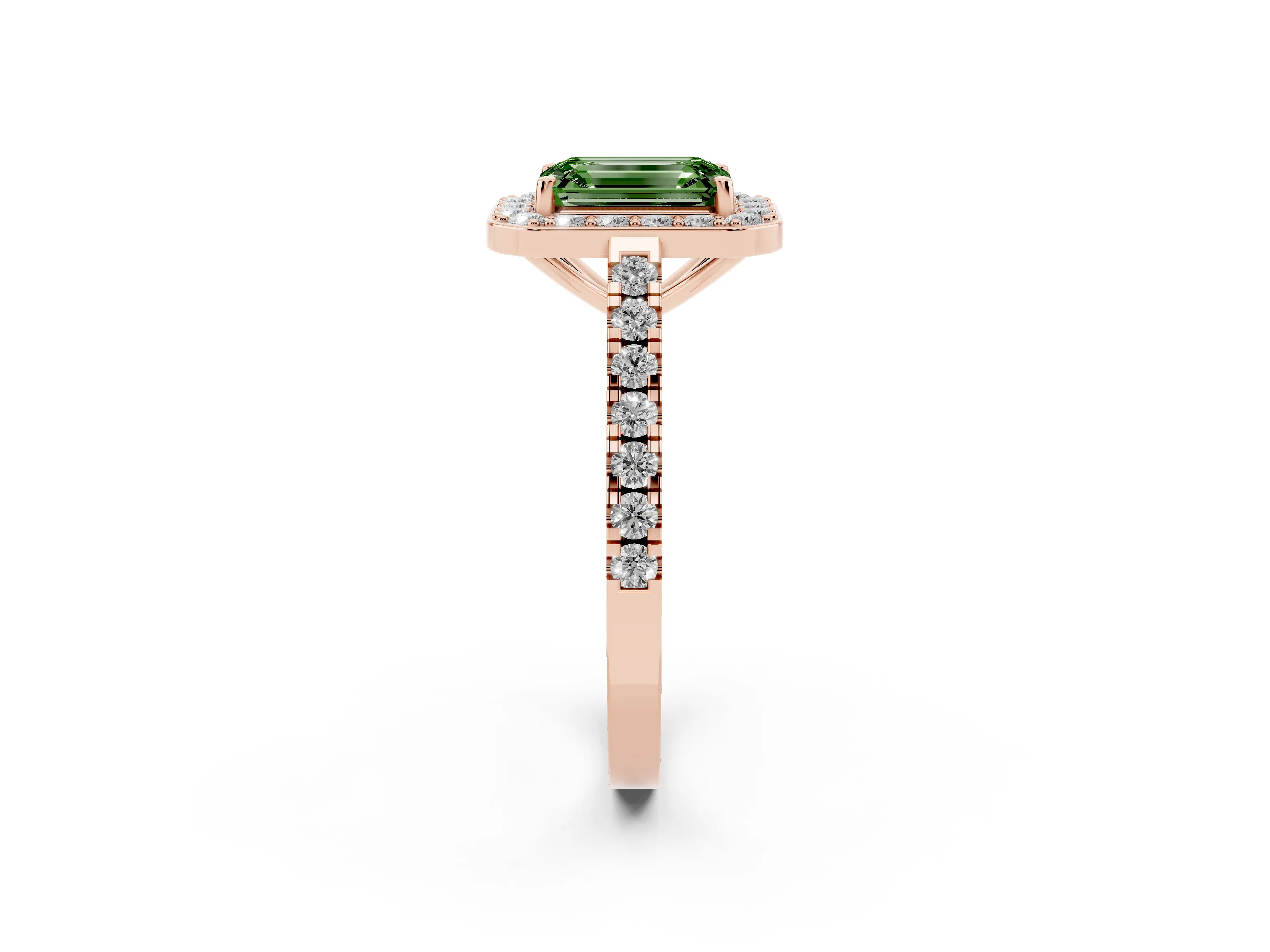 Fancy Green Emerald Cut Diamond Halo Ring Set in Rose gold with Round Pavé Split Shank and Prong Setting