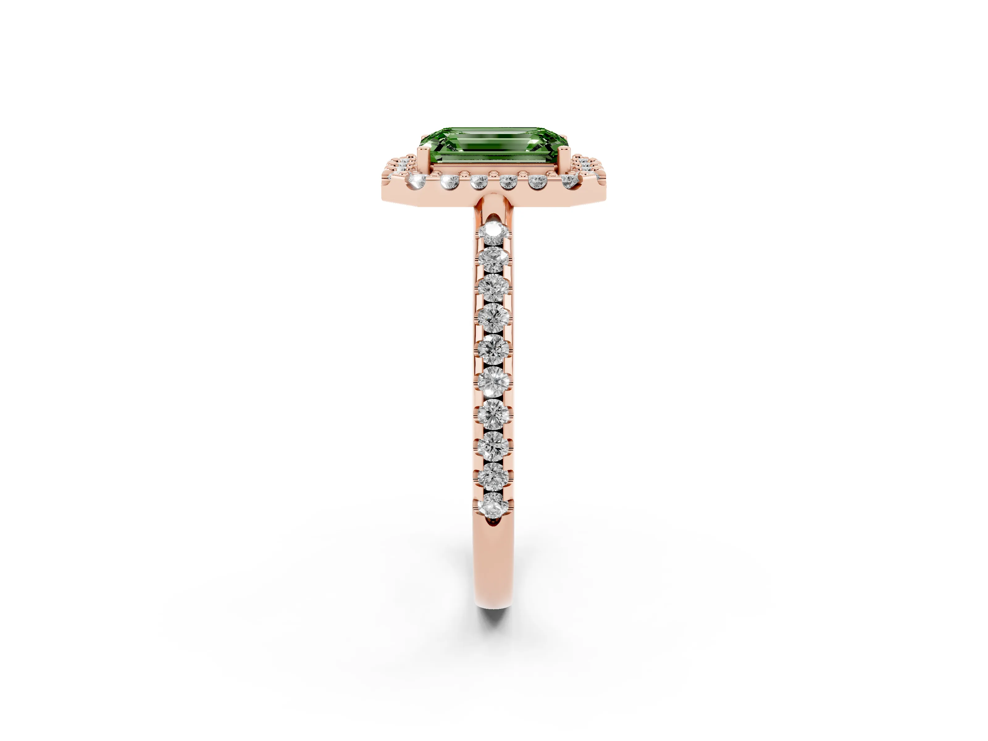 Fancy Green Emerald Cut Diamond Pavé Halo Ring Set in Rose gold with Prong Setting