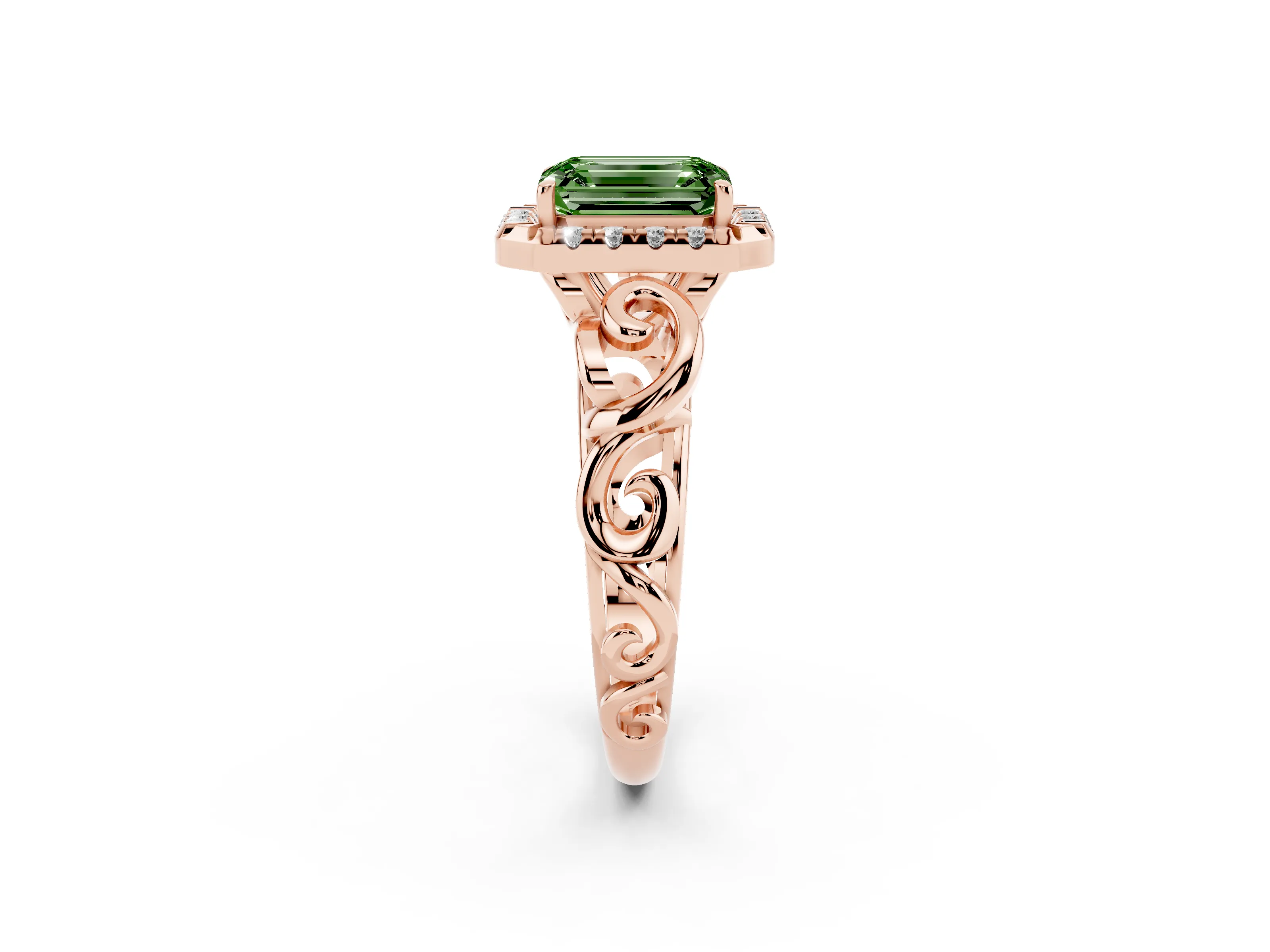 Fancy Green Emerald Cut Diamond Halo Ring Set in Rose gold with Scrollwork Band and Prong Setting