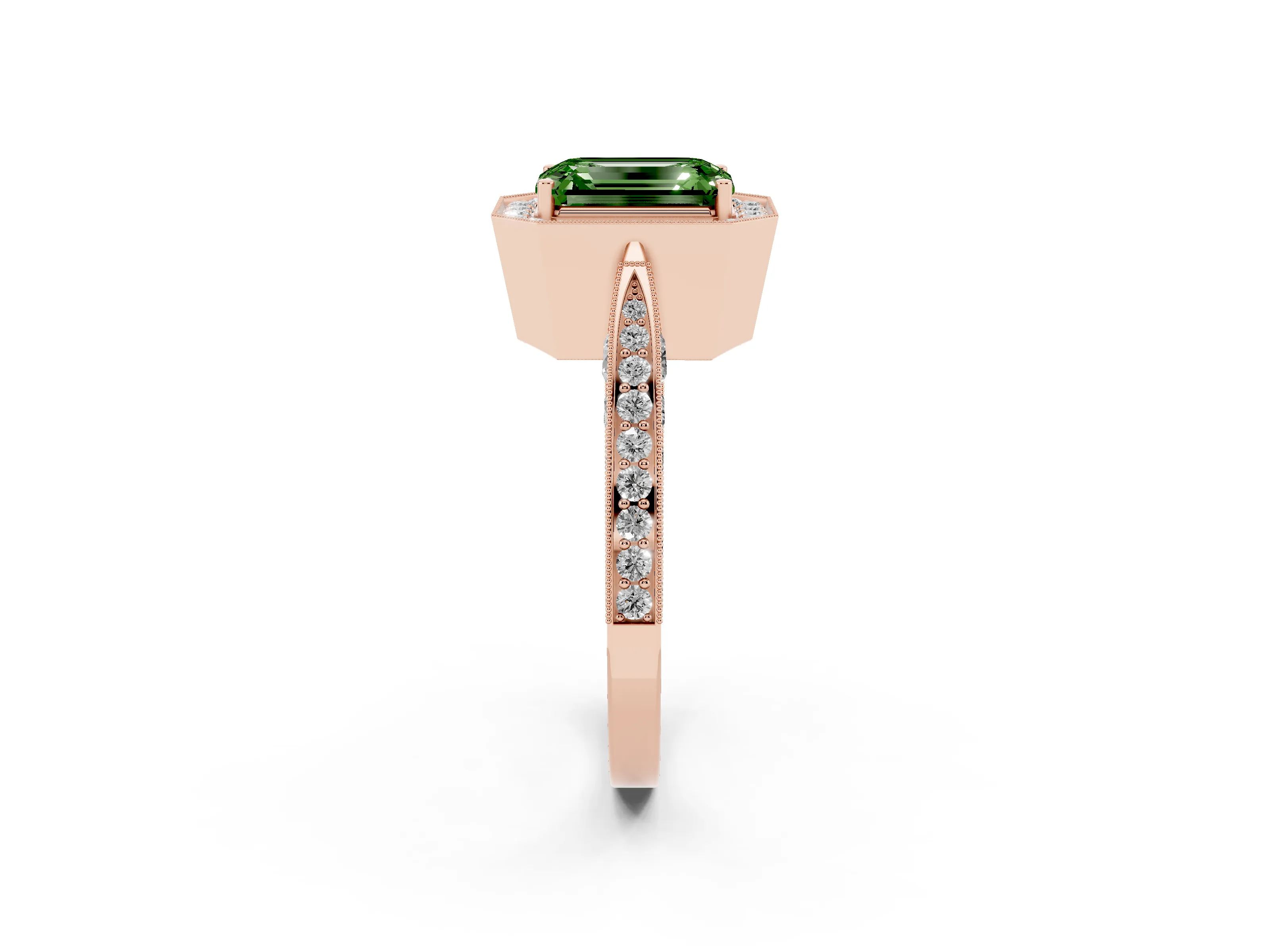 Fancy Green Emerald Cut Diamond Halo Engagement Ring Set in Rose gold with Accent Split Shank Band