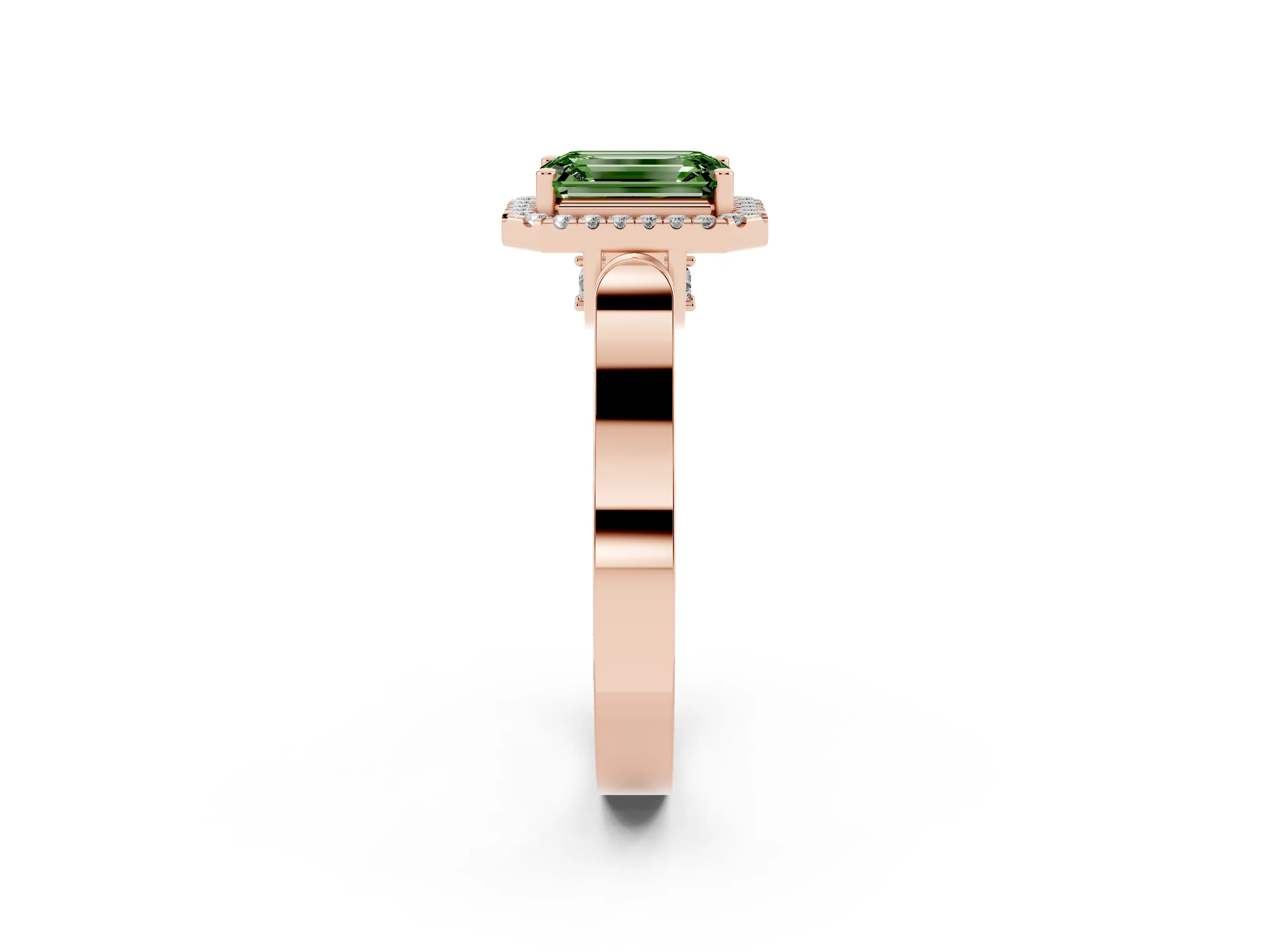 Fancy Green Emerald Cut Diamond Halo Ring Set in Rose gold with Pavé-Lined Split Shank Band